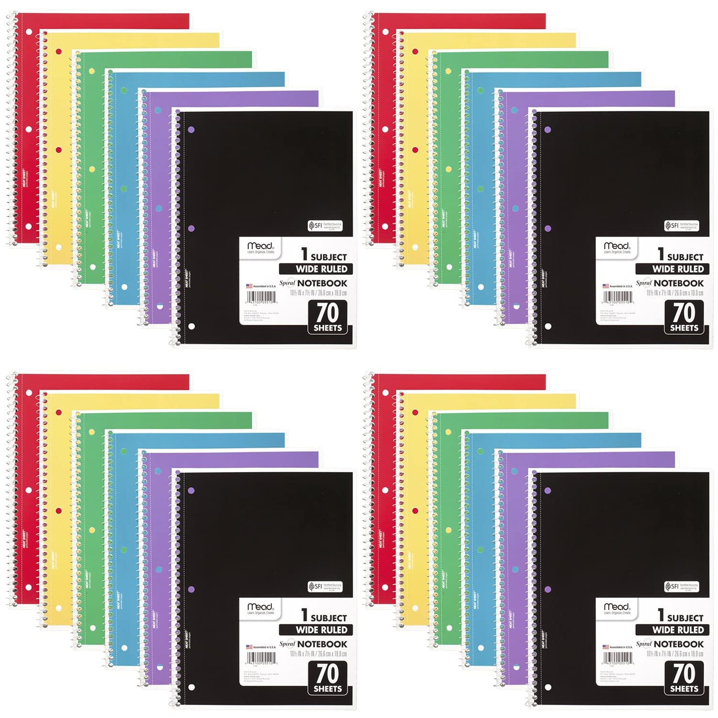 Mead Spiral Notebook, 24 Pack, 1 Subject, Wide Ruled Paper, 7-1/2" x 10-1/2", 70 Sheets per Notebook, Colors Will Vary (930203-ECM25)