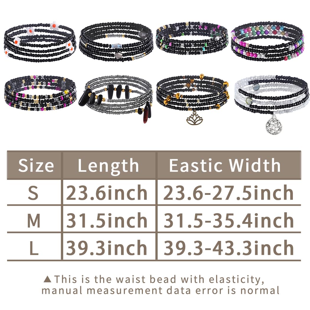 ELABEST 24-39inch African Waist Beads for Women 8Pcs Elastic Belly Beads Colorful Beaded Waist Jewelry Accessories Body Chain (Black, 31.5inch/80cm)