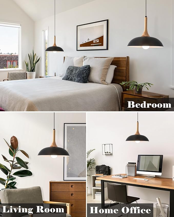 Black and Wood Pendant Lights Kitchen Island, 3 Packs Modern Black Pendant Light, 13.8 inch Wood Pendant Light for Kitchen, Dining Room, Living Room