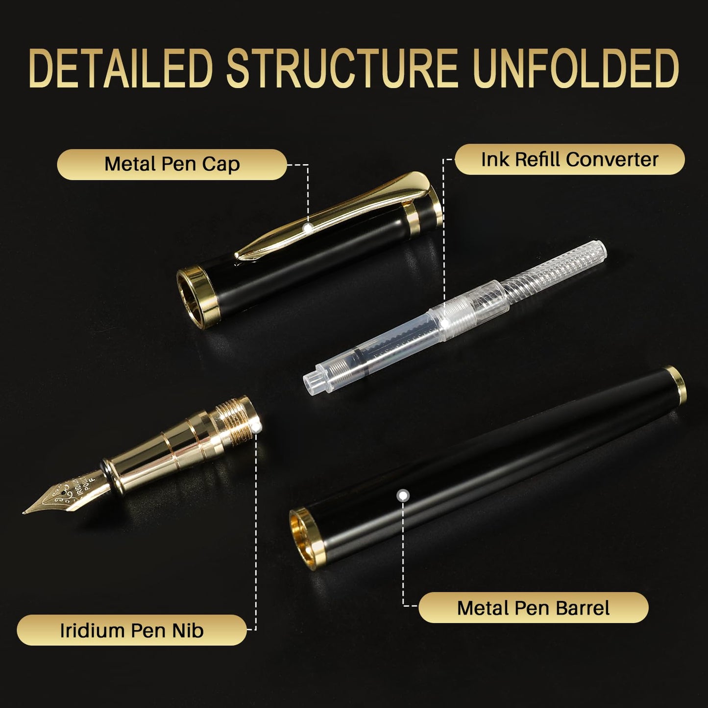 FINTANIX Fountain Pen with Fine Nib | Luxury Black Finish, Smooth Ink Flow, Complete Set with Ink Cartridges, Converter & Sleeve | Ideal for Professionals, Office, Journaling, and Gifts