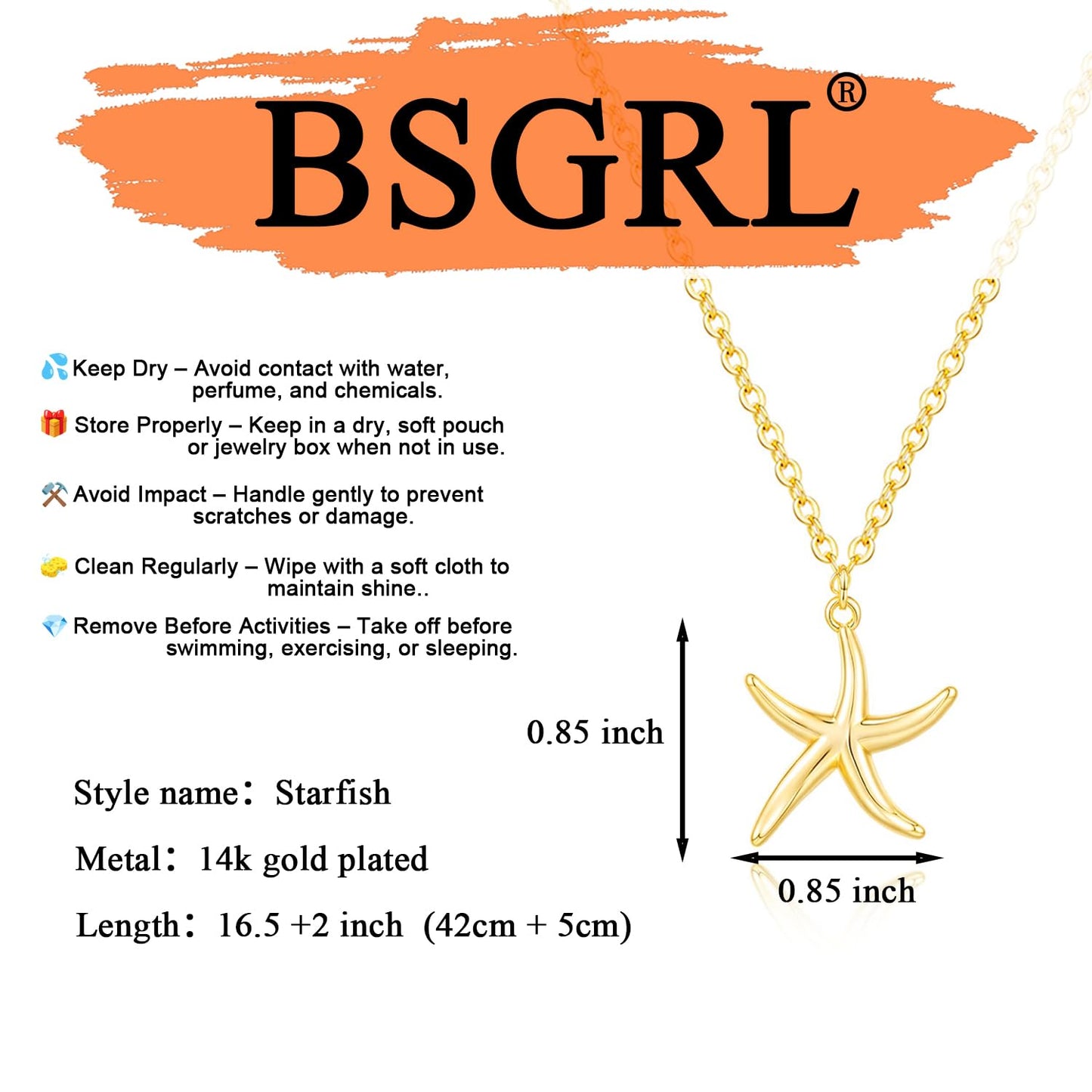 BSGRL Dainty Gold Necklace - 14K Gold Plated Starfish Sea Beach Necklace for Women High Polished 16.5"+2"