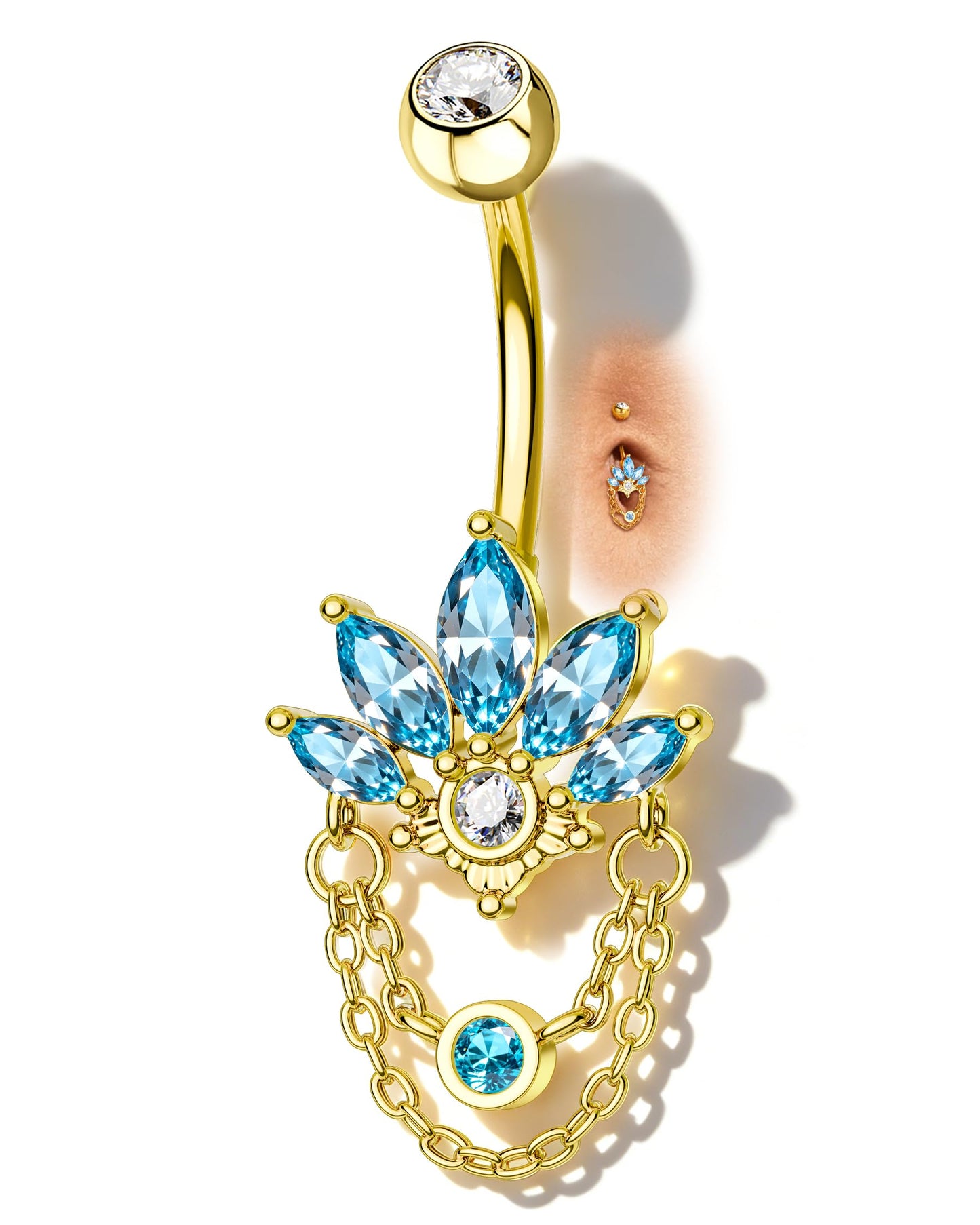 COCHARM Blue Lotus Belly Button Rings, 14G 5A CZ Navel Rings for Women, Dangle Belly Navel Piercing Jewelry Stainless Steel