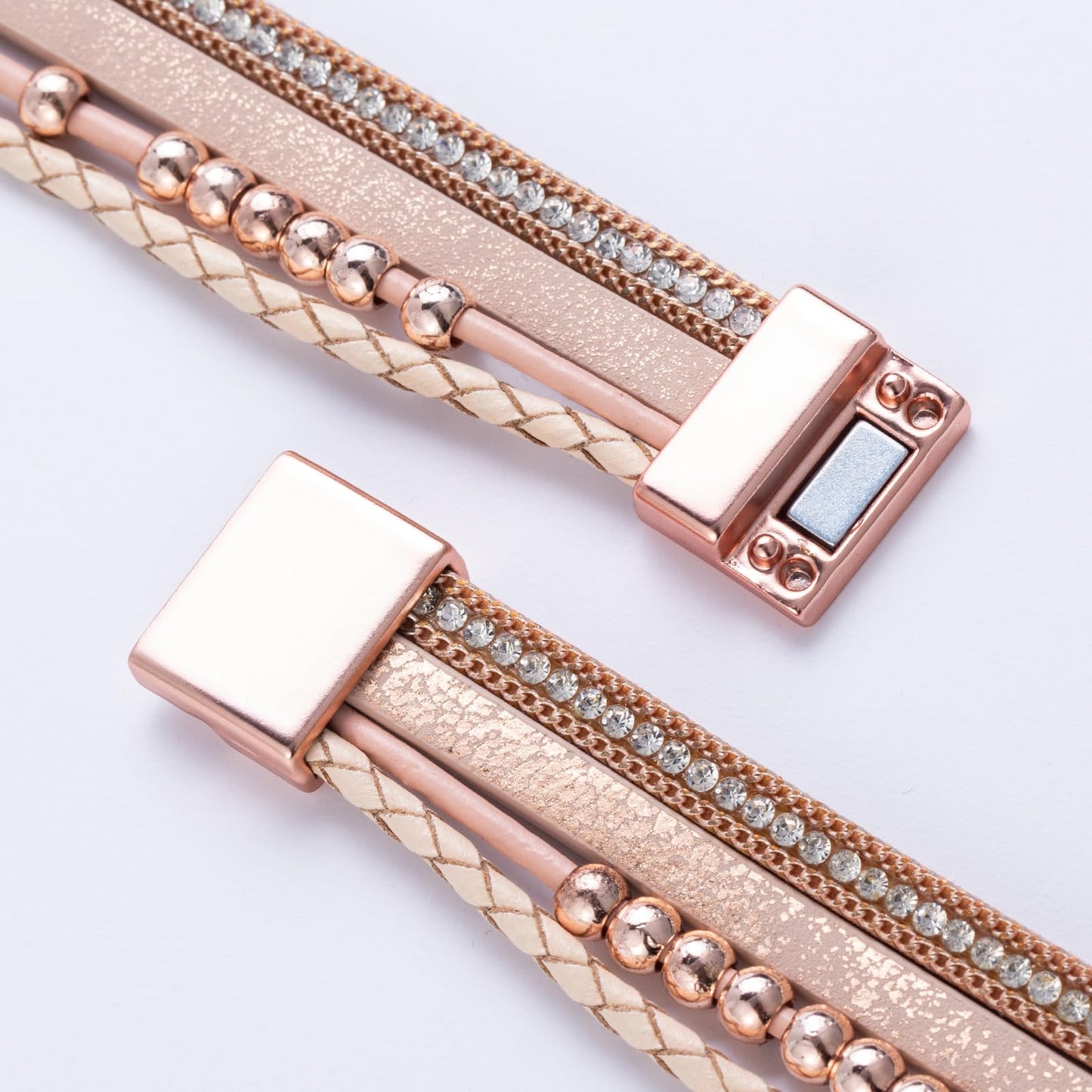 FANCY SHINY Boho Leather Wrap Bracelet Stackable Beaded Infinity Chunky Cuff Bracelets with Magnetic Clasp Western Hippie Outfits Jewelry Gifts for Women(Rose Gold)