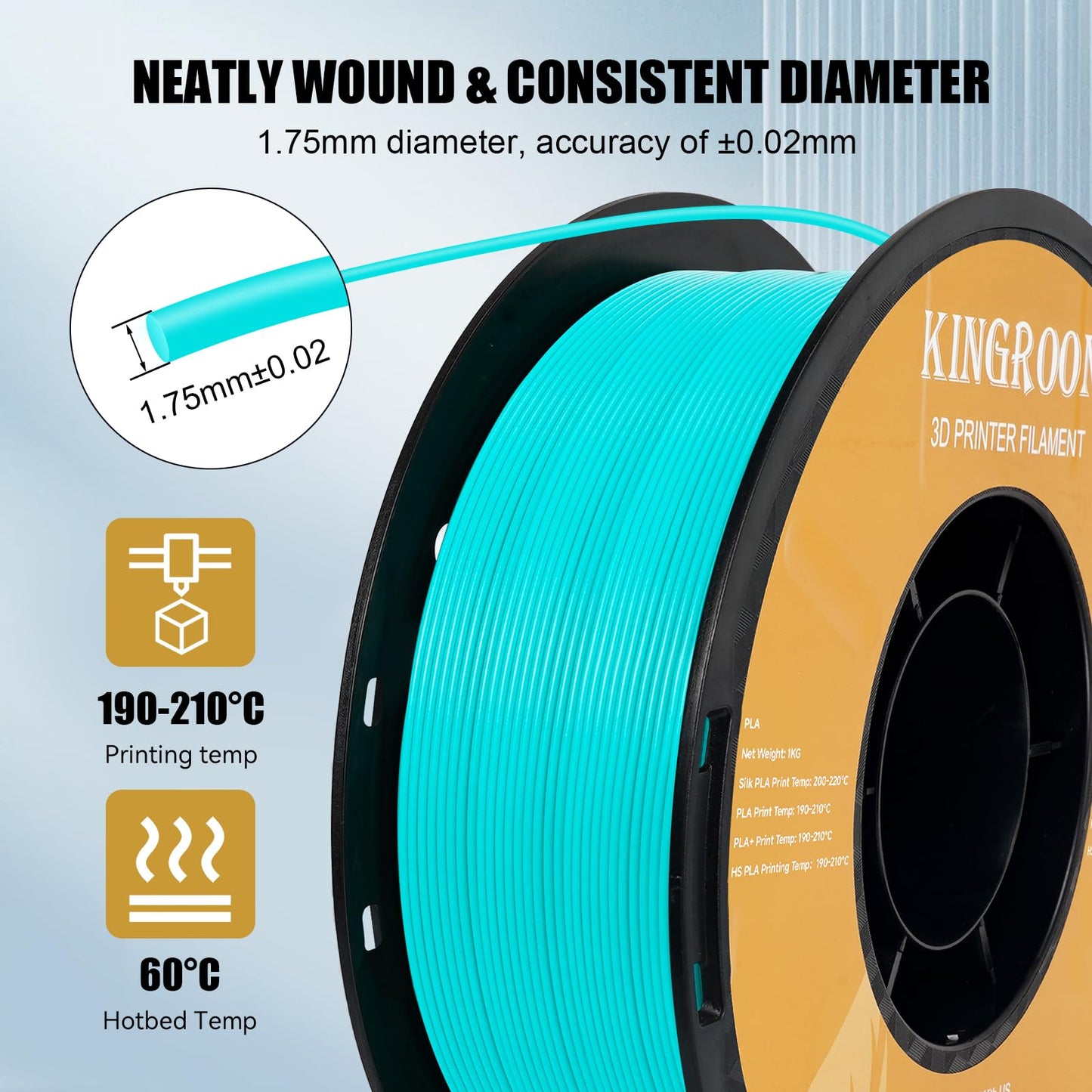 Kingroon High Speed PLA 3D Printer Filament 1.75mm, 3D Printer Rapid Filament for 30-600mm/s Hyper Printing Filament, Dimensional Accuracy +/- 0.03 mm, 1kg Plastic Spool(2.2lbs) (Cyan-Blue)