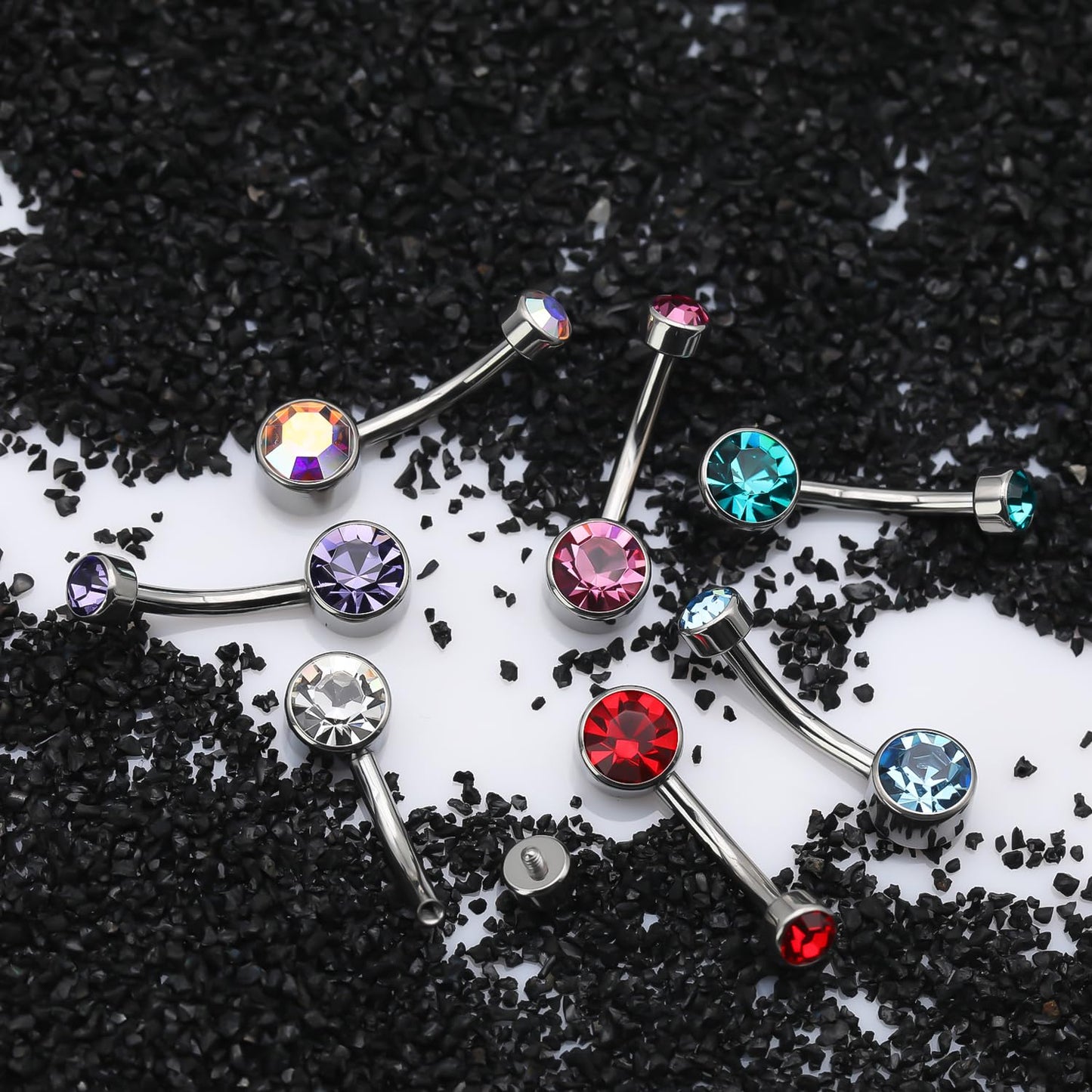XUU Titanium Belly Button Rings, Black & Silver – 14G Internally Threaded Navel Piercing Jewelry, 10mm & 12mm Curved Barbells with 7 Colors Gems – Hypoallergenic (Silver-Red cz, 10MM)