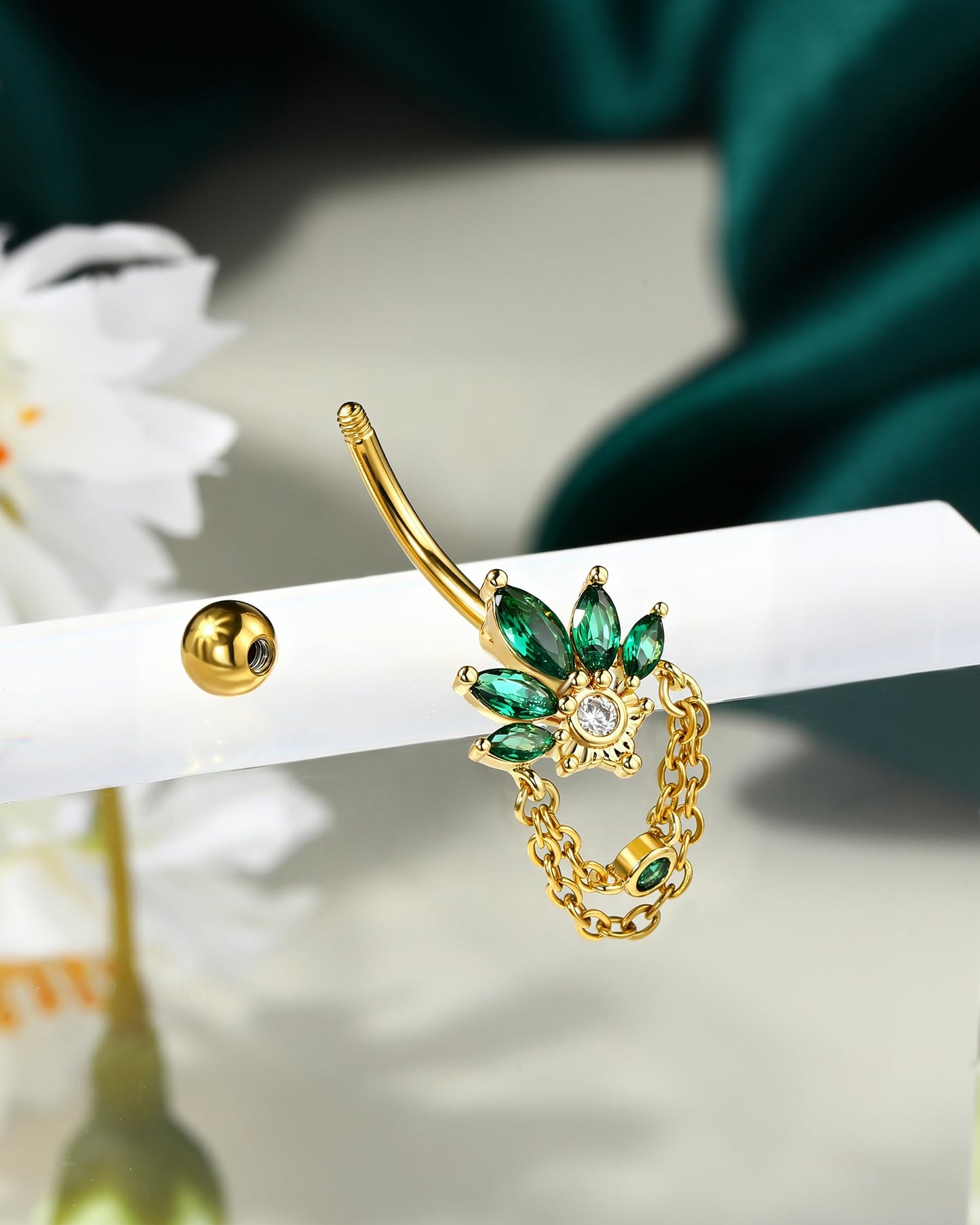 COCHARM Green Lotus Belly Button Rings, 14G 5A CZ Navel Rings for Women, Dangle Belly Navel Piercing Jewelry Stainless Steel