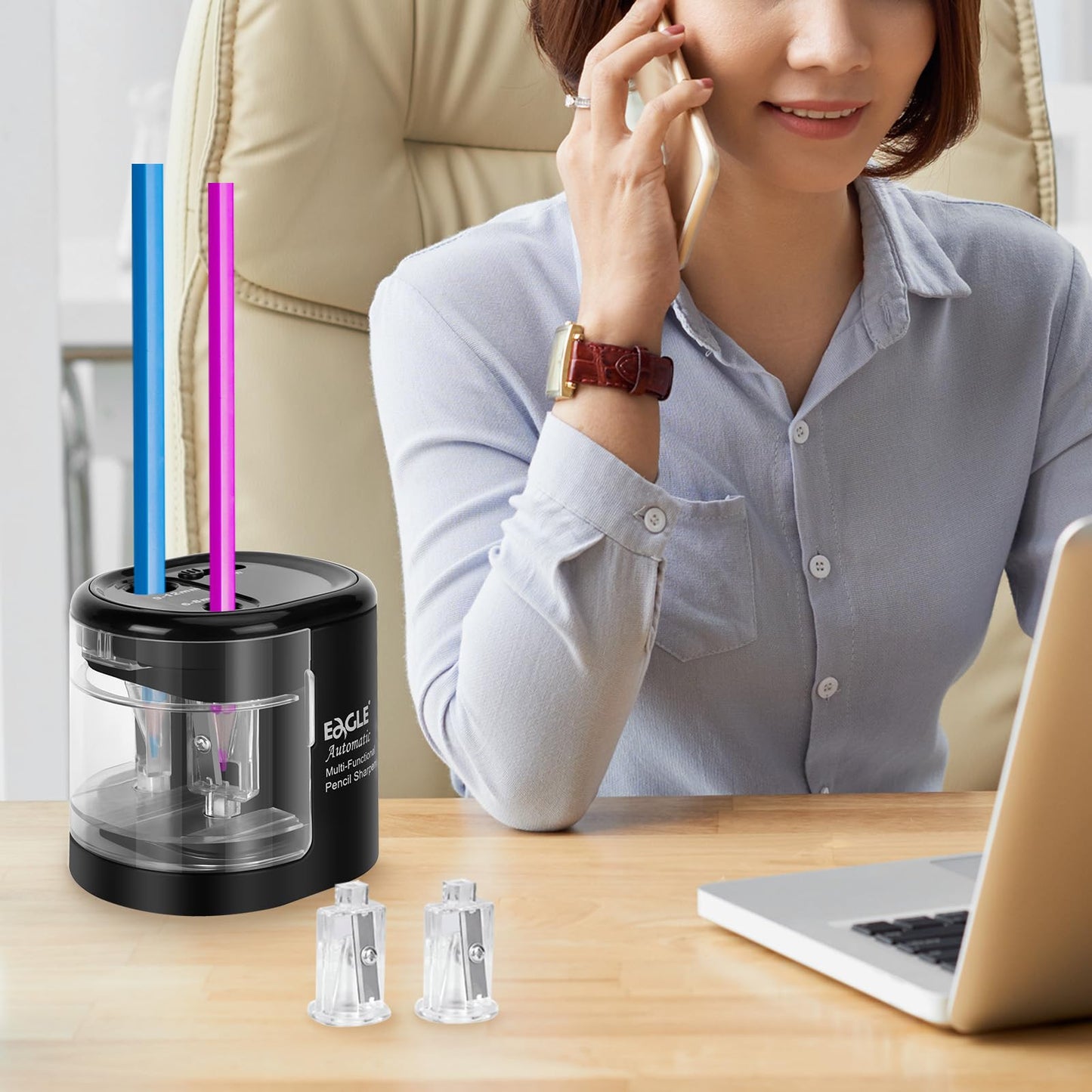 Eagle Electric Pencil Sharpener, Battery or USB Operated, Dual Holes, Dual Blades, fit for Pencils of Size 6-8mm and 9-12mm (Black)
