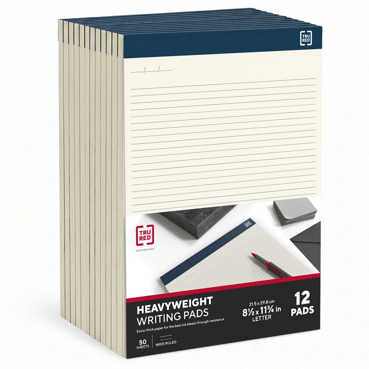 TRU RED Notepads, 8.5” x 11.75”, Narrow Ruled, Ivory, Perforated, 12‑Pack