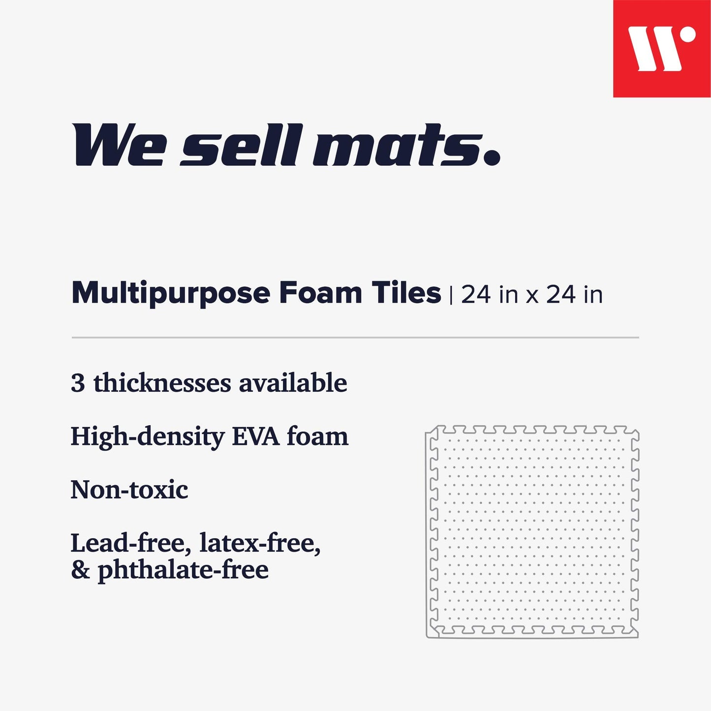 We Sell Mats 1/2" Thick Multipurpose EVA Foam Exercise Floor Mat, Interlocking Tiles, Anti-Fatigue for Home or Gym, 24 in x 24 in, 12 Tiles, White