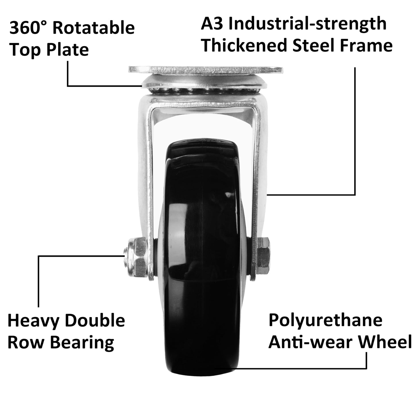 Finnhomy 4” Inch Swivel Casters Wheels Set of 4 Plate Casters Heavy Duty Premium Polyurethane PU Wheels for Furniture/Workbench Load Bearing 2,600 Lbs Anti-wear Smooth Casters Black (Free Screws)