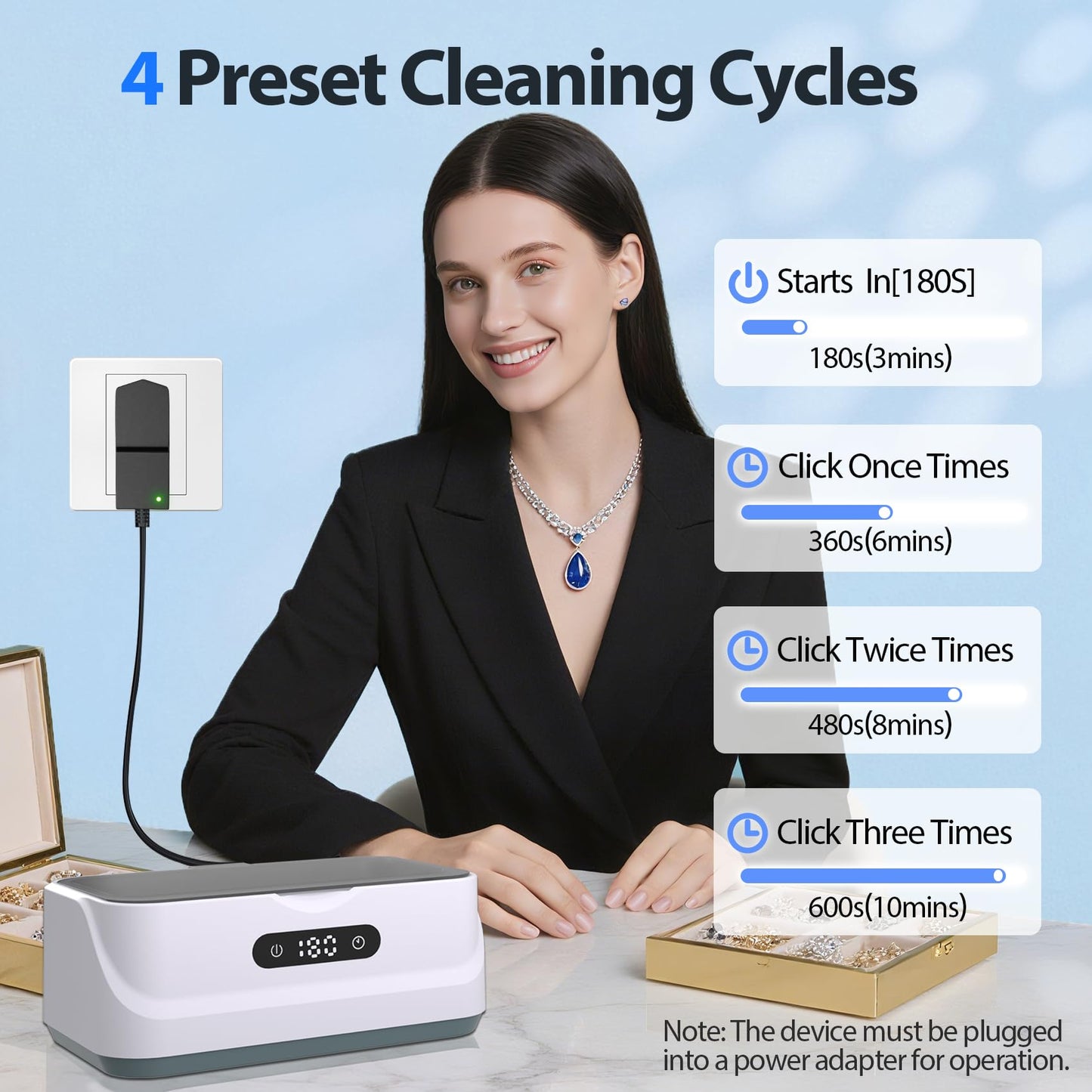 Klivvio Ultrasonic Jewelry Cleaner: 48Khz Ring Cleaner Ultrasonic Machine with Digital Timer, 4 Cleaning Modes, 24W Sonic Cleaner for Jewelry, Glasses, Retainer, Watch Strap, Home & Travel Use, 13.5oz