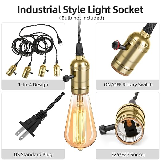 Vintage Plug-in Pendant Light Kit with 1-to-4 Hanging E26/E27 Sockets, Industrial Hanging Light with Individual Rotary Switches, Easy DIY Lighting for Living Room, Patio and Plant Corners, Gold