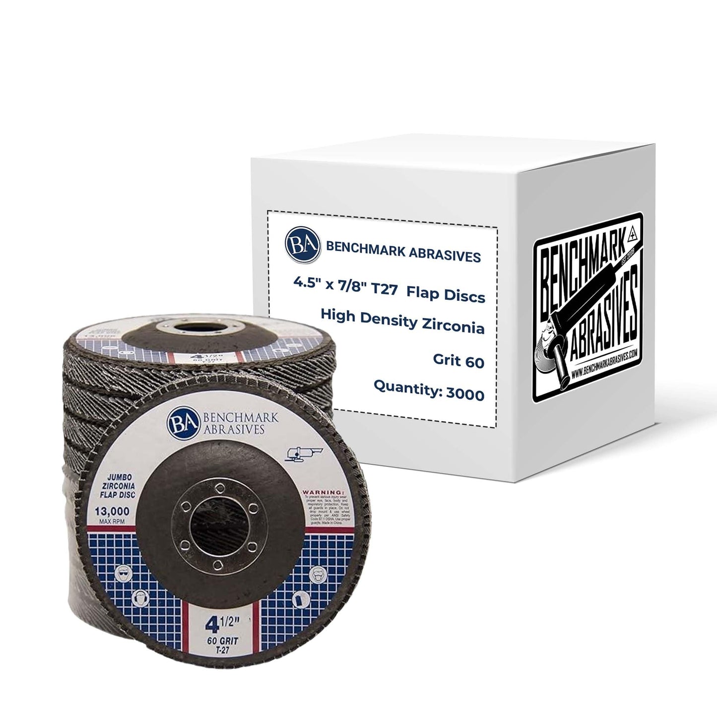 Benchmark Abrasives 4.5" x 7/8" Premium High Density Jumbo Zirconia Type 27 Flap Discs 4 1/2 for Angle Grinder, Sanding Discs, Finishing - Grinding Wheels 4 1/2 inch - (3000 Pack) - 60 Grit