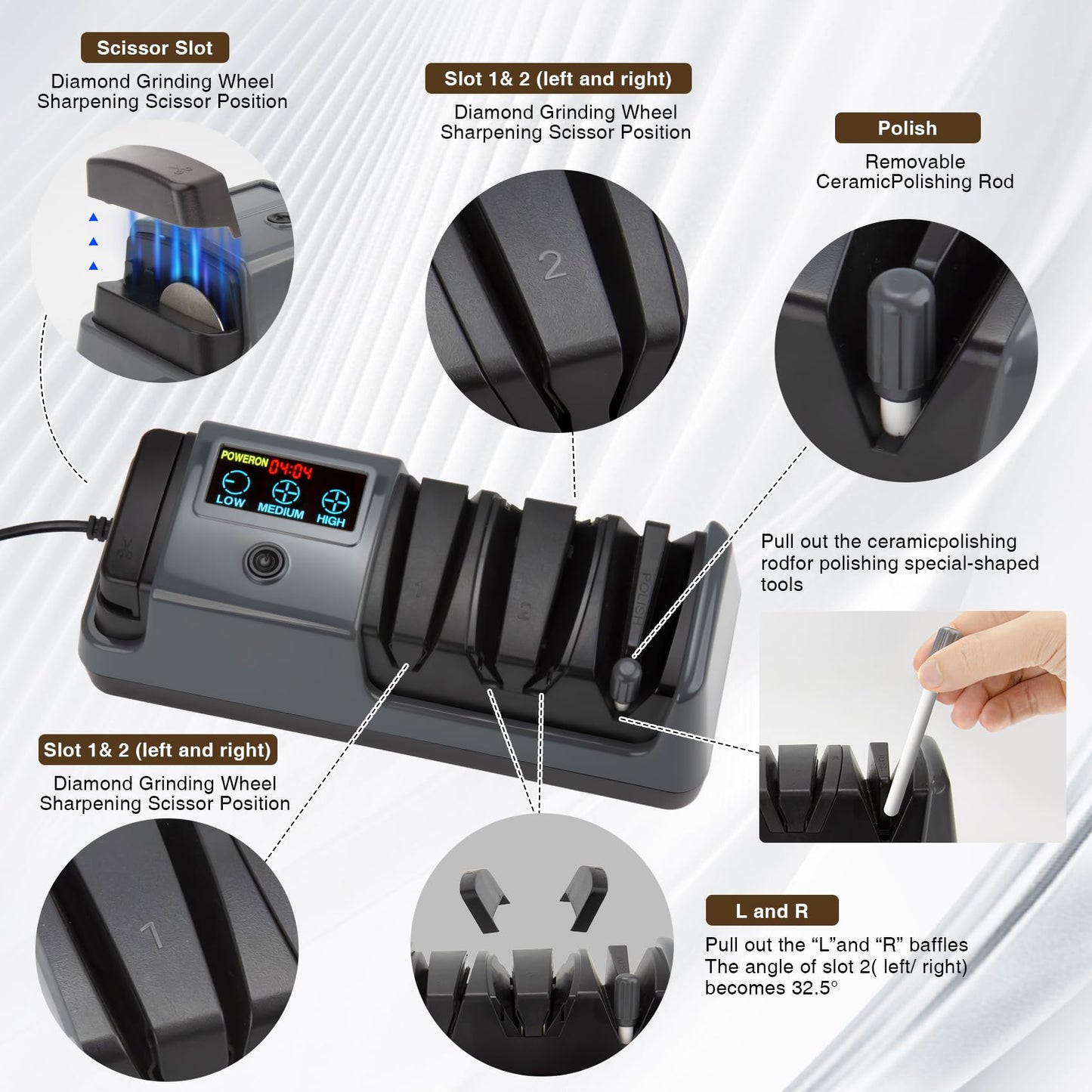 Ceelpeopar Professional 3-Stage Electric Knife Sharpener for Kitchen Knives, LCD Screen, 100% Diamond Abrasive, Adjustable Rotational Speed, Precision Angle Guides for All Kitchen Knives