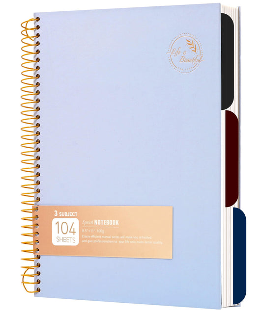 FLYING EAGLE 3 Subject Spiral Notebook Large Spiral Notebook 8.5 X 11, Blue Journal for Women Men, 100 GSM Thick Paper 104 Sheets, Hardcover Notebook for Work, School, Writing, Note Taking Blue