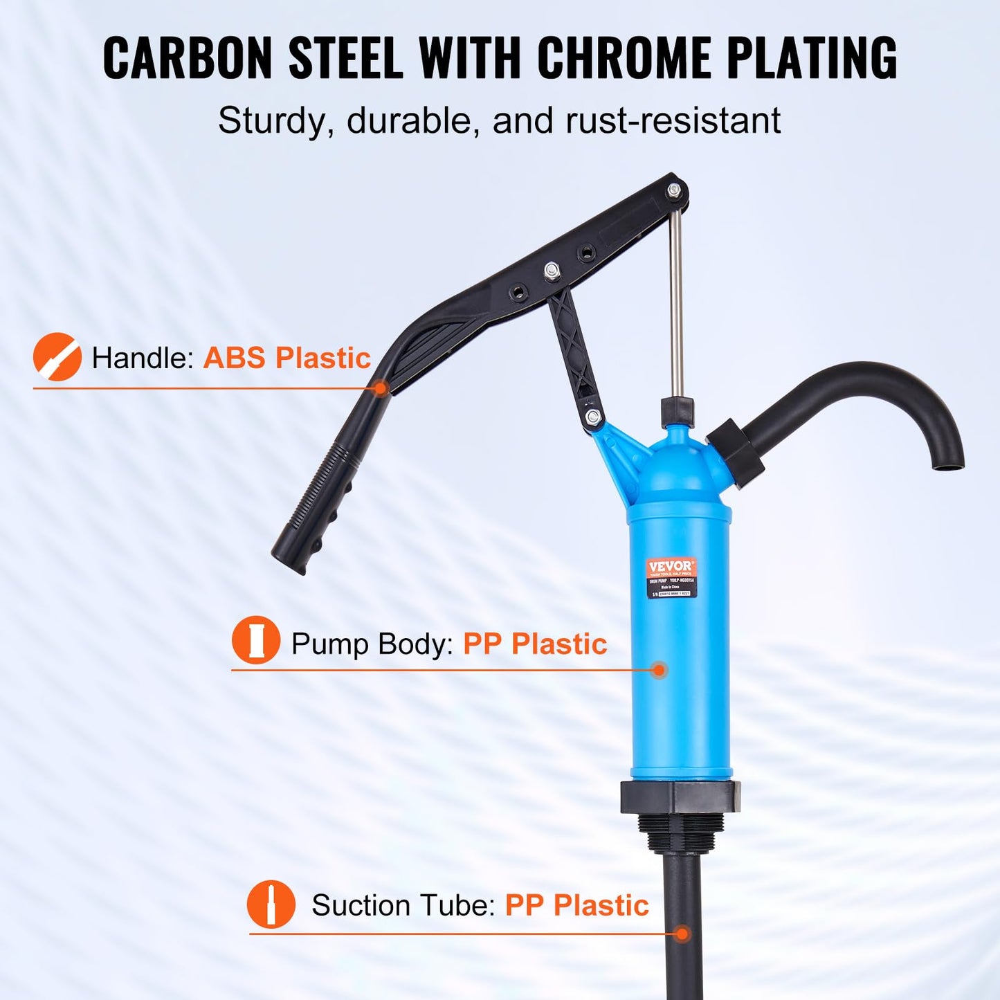 VEVOR Drum Pump, 9.5 oz. Per Stroke, Lever-Action Barrel Pump, Fits 5-55 Gallon Drums with 3-Section Suction Tube Assembly & Hose, Hand Operated, Designed to Transfer Water, Alcohol, Corrosive Liquids
