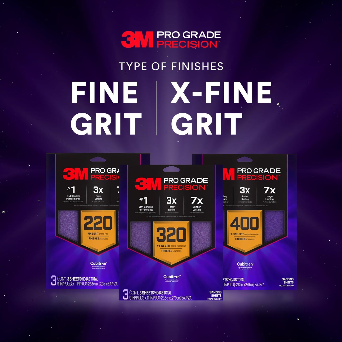 3M Pro Grade Precision Faster Sanding Sheets, NO-Slip Grip Backing, Assorted Grits 220/320/400, 9" x 11", 3 Sheets Each, 9 Total