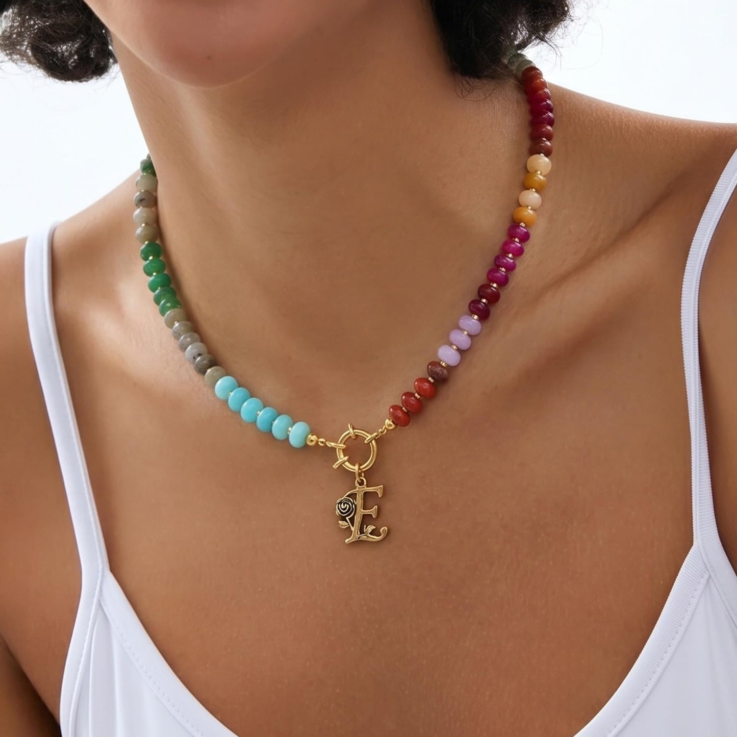 Badu Colorful Gemstone Beaded Necklace for Women Natural Stone Bead Beach Rainbow Choker Necklace Fashion Trendy Jewelry Gifts