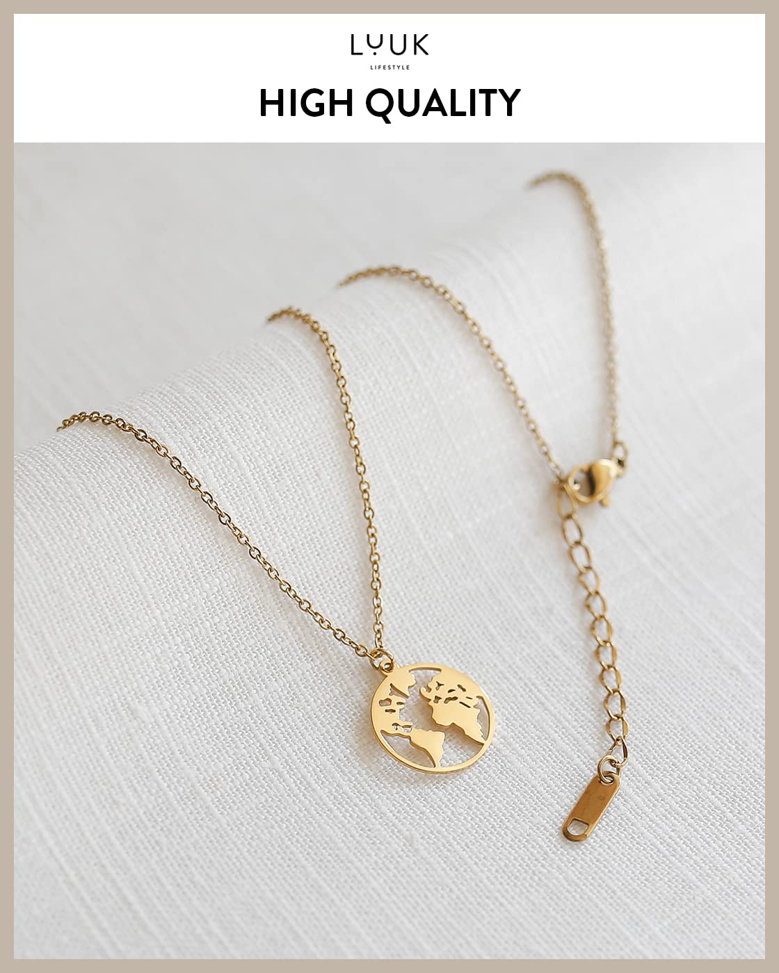 LUUK LIFESTYLE Necklace for women in stainless steel with globe pendant and HAPPINESS card, fashion jewelry for women, lucky charm, fashion accessory, 19” length, feminine jewelry, gift idea, gold