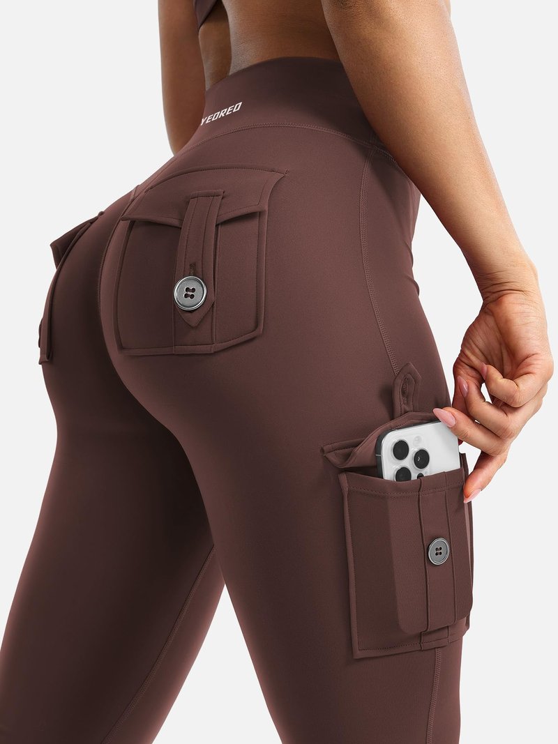 YEOREO CoreFlex Women Workout Flare Leggings with Pockets Hidden Scrunch Cargo Gym Yoga No Front Seam Leggings Chocolate S