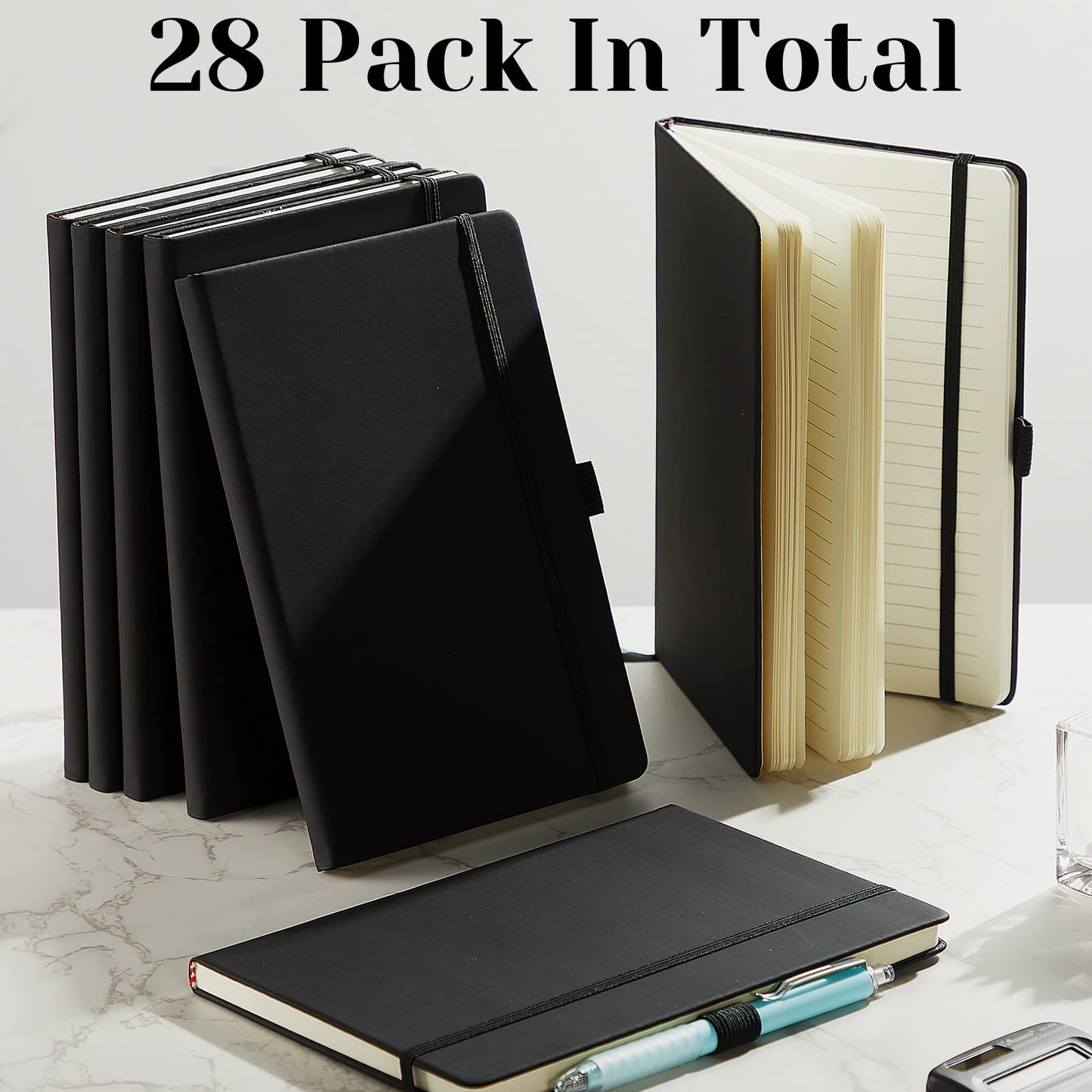 Laumoi 28 Pack PU Leather Lined Notebook Journal Bulk A5 Hardcover Notebook College Ruled 5.5 x 8.2 Inch Journal with Pen Holder for School Business Work Writing(Black,Simple)