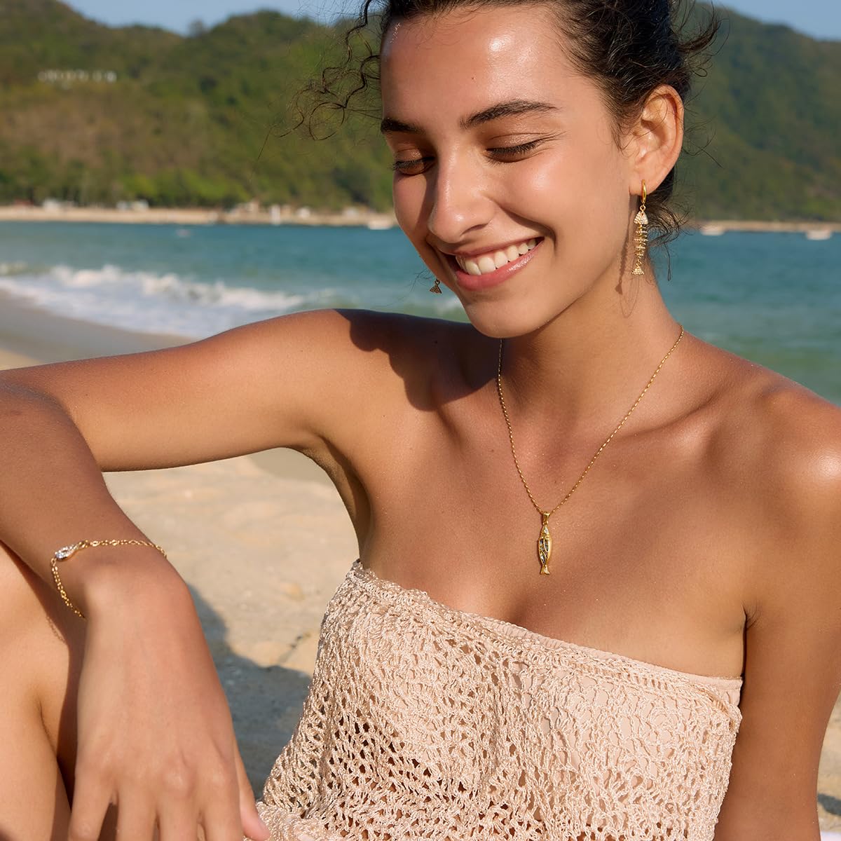 NUZON Abalone Shell Gold Fish Necklace for Women, 18K Gold Plated Stainless Steel Dainty Adjustable Chain with Sardine Pendant, Waterproof Hypoallergenic Layering Necklace for Beach & Everyday Wear 18’’