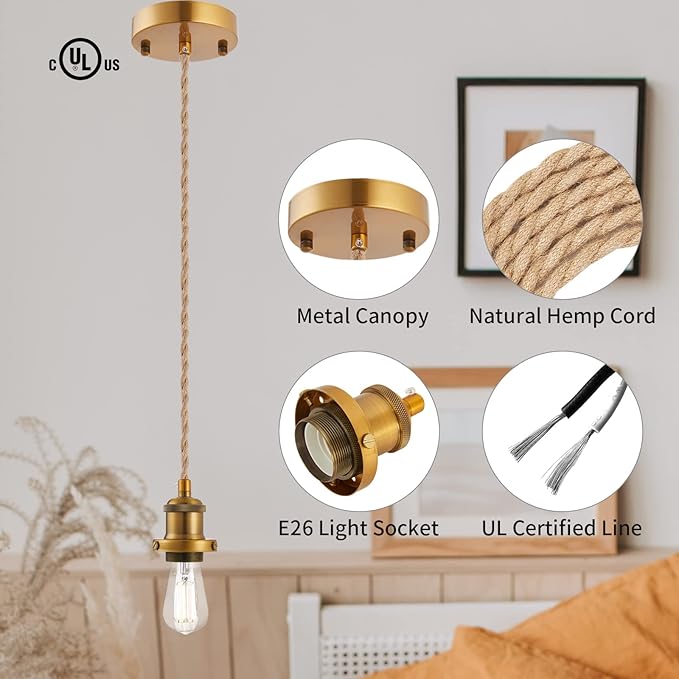 Industrial Mini Pendant Light Kit, E26 Socket Pendant Hanging Light, Hemp Rope Vintage Hanging Pendant Light Cord, Adjustable Pendant Lights Ceiling Mount Kitchen Island Farmhouse