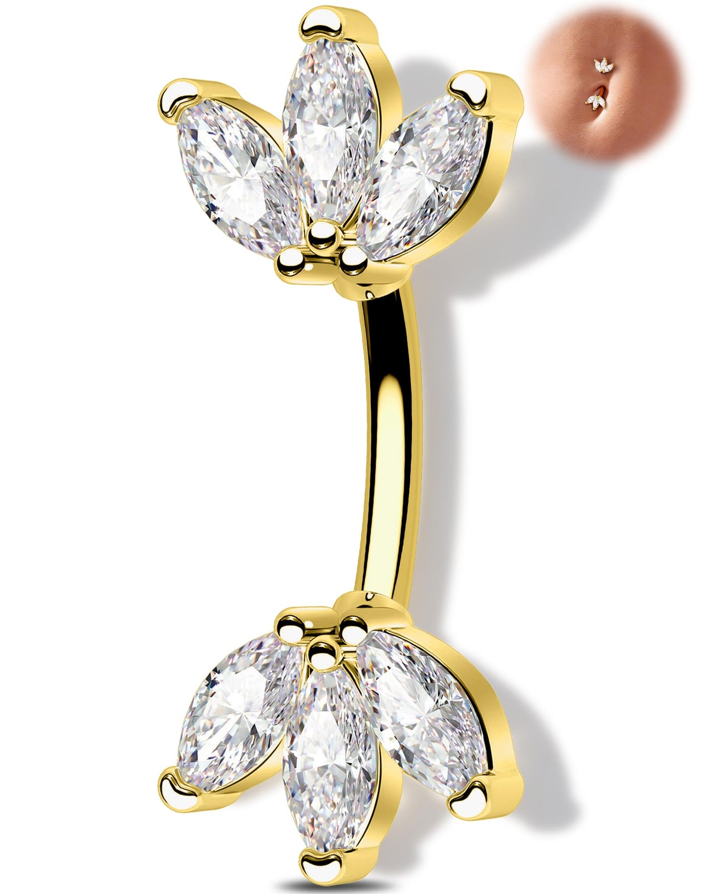 Melighting 14G Gold Lotus Belly Button Ring, Double CZ Navel Ring 316L Surgical Stainless Steel Marquise 5A CZ Belly Bar 8 mm