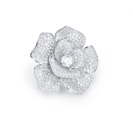 Elegant Crystal Blooming Rose Flower Brooch Lapel Pin Breastpin for Women Birdal Cardigan Hat Scarf Suit Sweater Floral Pins (White Gold Rose)