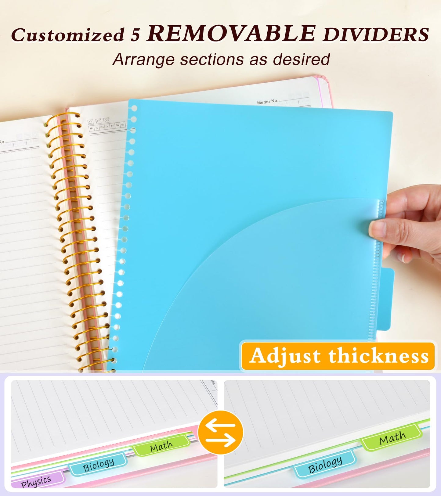 5 Subject Notebook College Ruled with Removable Pocket Dividers Tabs, 240 Pages Spiral Notebook 8.5 x 11, Lined Journal Notebook for Women , Hardcover Notebooks for Work School Note taking A4 Pink