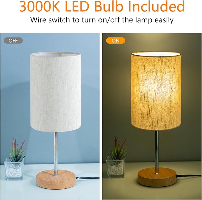 2 Pack Small Table Lamps, Bedside Lamps for Nightstand with Wire Switch, Modern Minimalist Desk Lamp with Linen Fabric Shade for Dorm Kids Room Living Room Office Bedroom, Bulb Included-L
