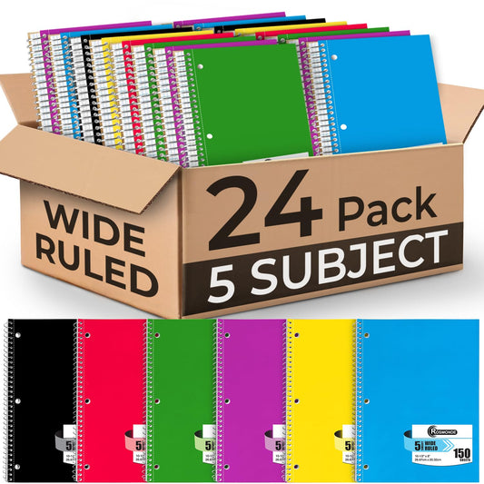 Rosmonde 24 Pack Spiral Notebook, 5 Subject, 300 Pages/Book (150 Sheets), Wide Ruled, 8 x 10-1/2, Bulk Subject Notebooks for Office & School, Office Spiral Notebooks, Soft Cover, Assorted Colors