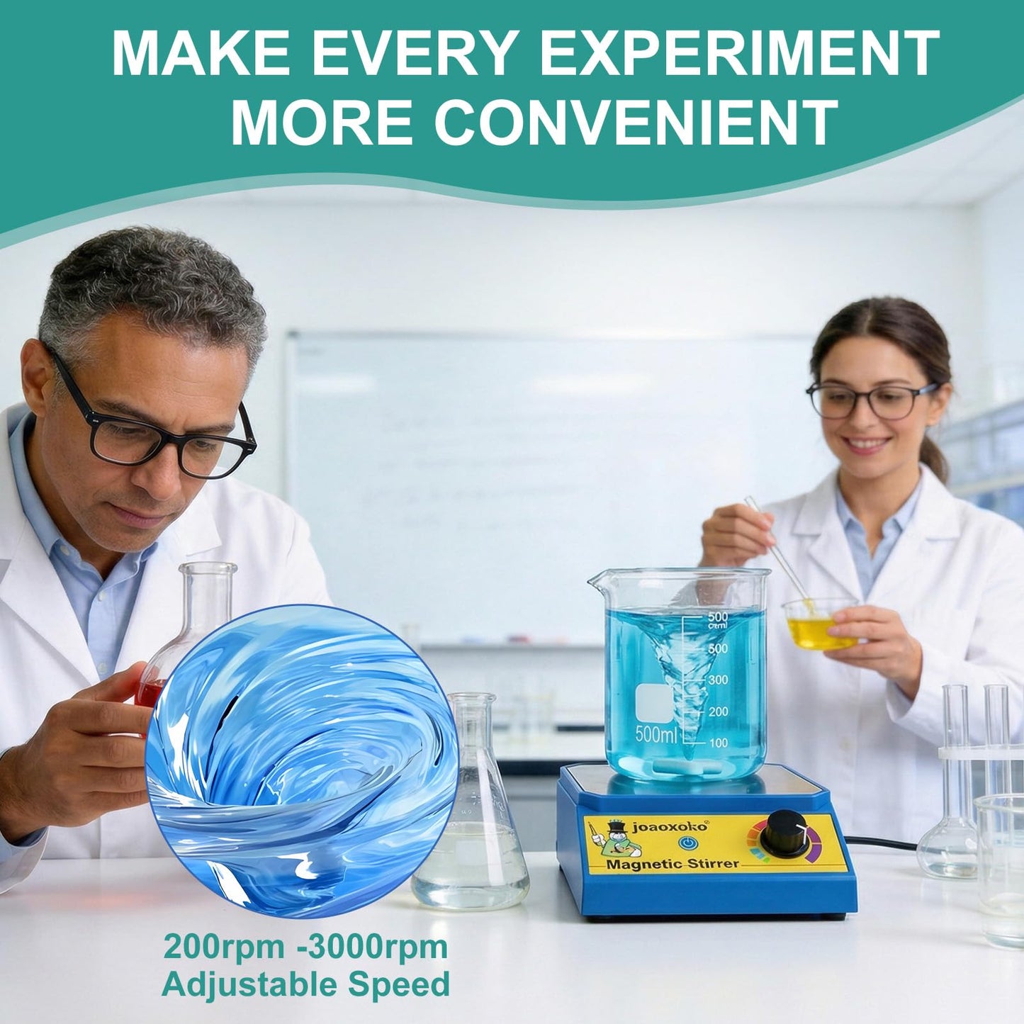 joaoxoko Magnetic Stirrer with 4 Stir Bars, Stir Plate with Stir Bar Retriever,3000ml Max Capacity No Heating 100-3000RPM, Portable Mixer for Yeast Starter/Chemistry/School (6)