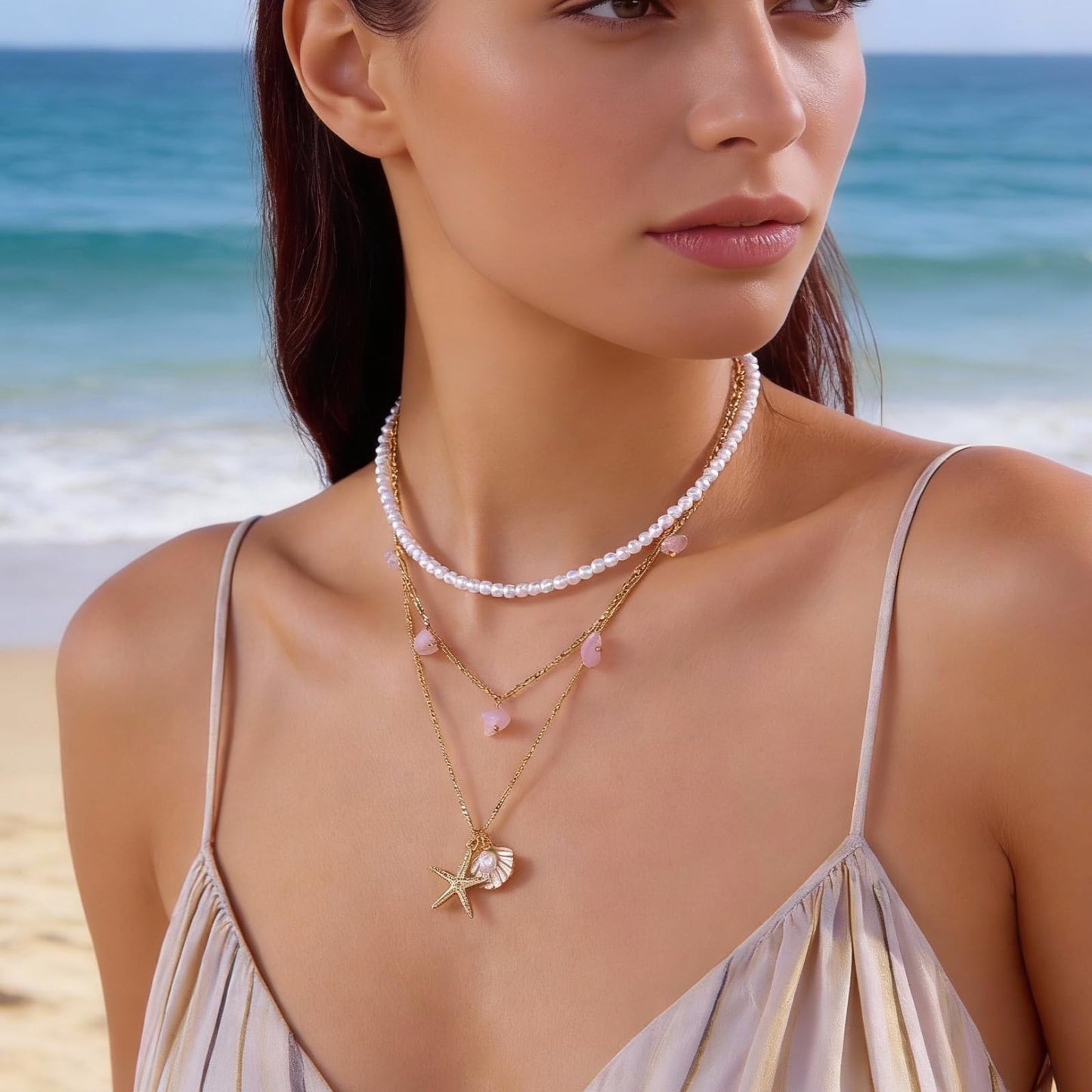 KummerSaprk Seashell Necklace Summer Vacation Jewelry for Women Gold Beachy Necklace Stack Starfish Flower Cowrie Sea Shell Pendant Necklaces Summer Essentials Accessories Gifts