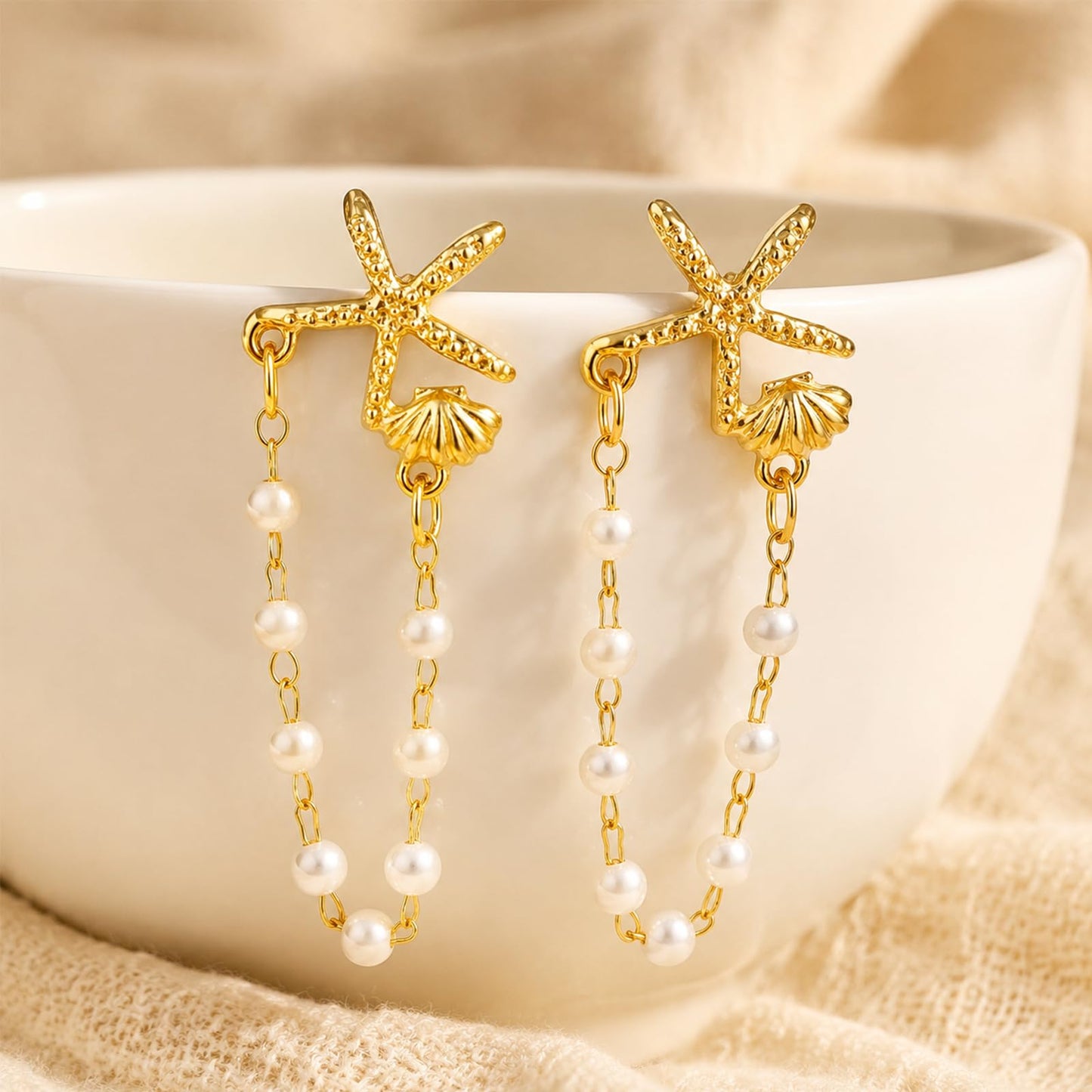 Seashell Starfish Earrings Beach Jewelry for Women Gold Chain Pearl Drop Shell Earrings Set for Summer Vacation Tropical Beachy Accessories
