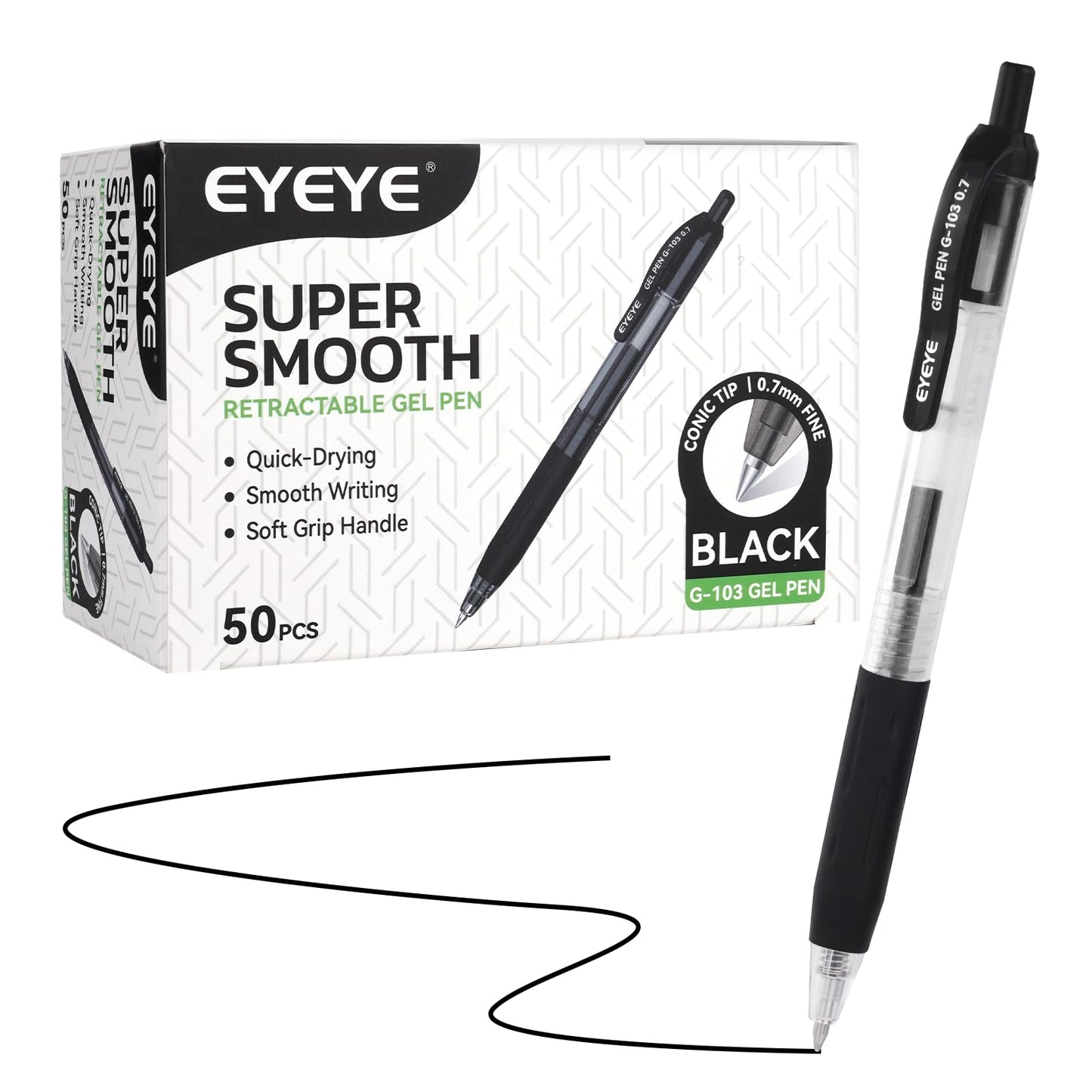 EYEYE G-103 Retractable Gel Pens Black 0.7mm, 50 Pack Medium Point Gel Ink Pens Quick Drying, 0.7 mm Fine Piont Ballpoint Pen Smooth Writing for Office School Supplies