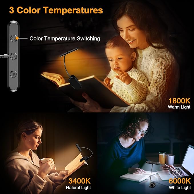 Gritin Rechargeable Book Light for Reading in Bed with 19 LED &Memory Function-Eye Caring 3 Color Temperatures,5 Brightness Levels,90 Hrs Runtime Flexible Goose Neck Clip on Light for Book Lovers