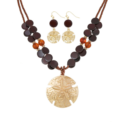 Perla Boho Starfish Necklace for Women, Chunky Layered Shell Beads Choker Necklace and Earrings Set, Ocean-Themed Summer Beach Jewelry (Brown)