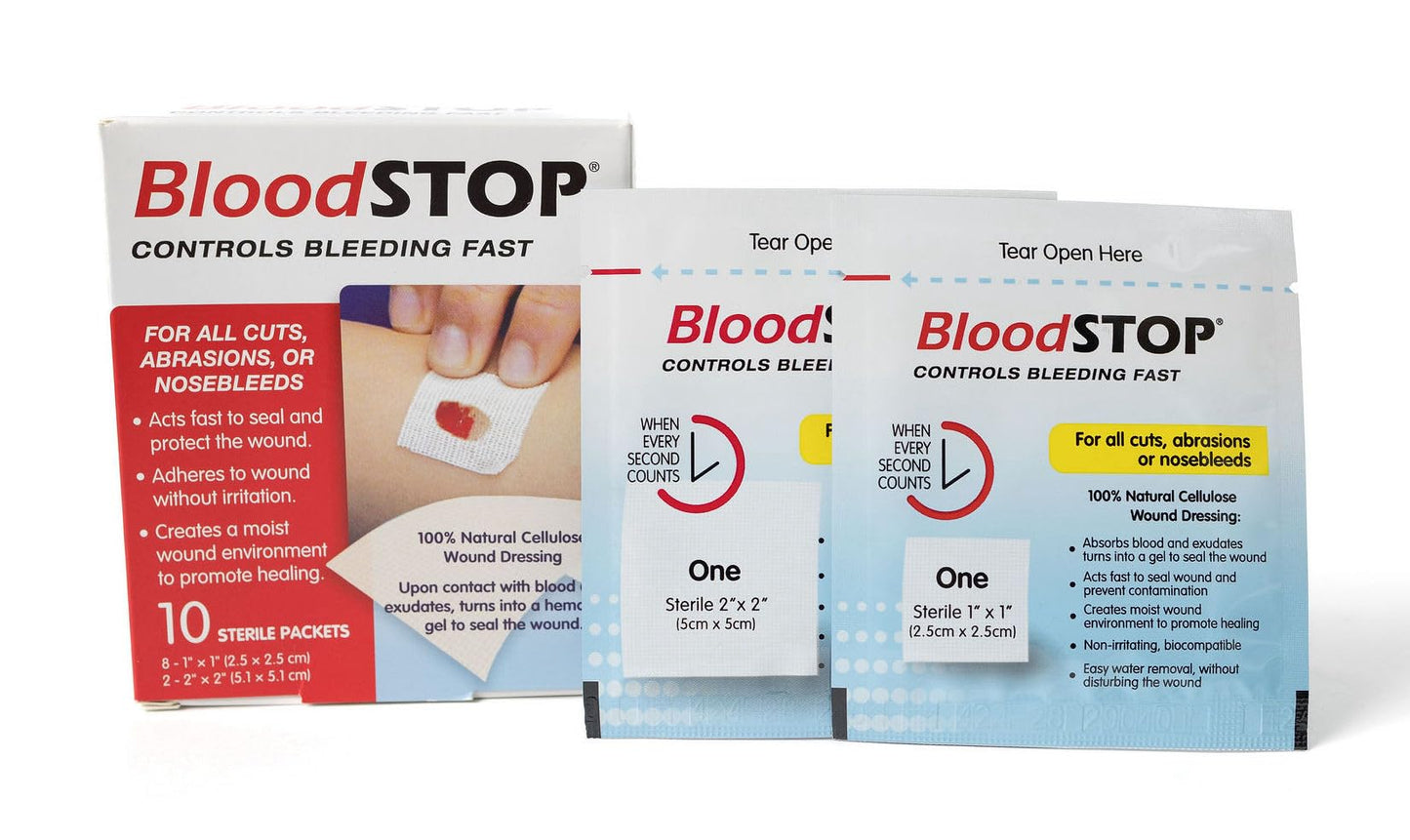 BloodSTOP-Hemostatic Dressing: Controls Bleeding Fast, Natural, Plant-Based Wound Dressing, Cuts, Road Rash, Abrasions, Nosebleeds, Bleeding Control Kit, Stop the Bleed Kit - Safe for All Ages, 10 Ct