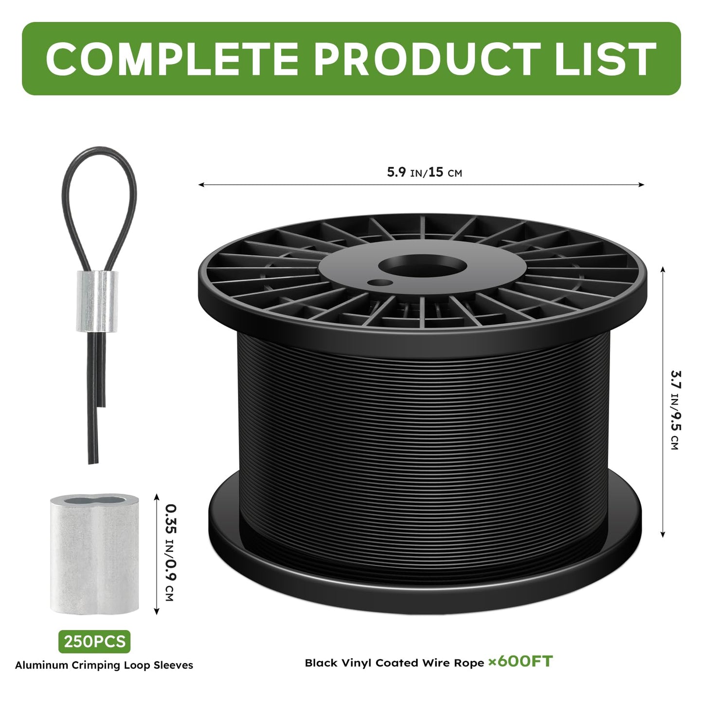 KALLSDY Black Vinyl Coated Wire Rope 1/16", 600FT 304 Stainless Steel Cable with 250PCS Aluminum Crimping Loop Sleeves for String Light Cable, Clotheslines, Trellis and Light Picuture Hanging