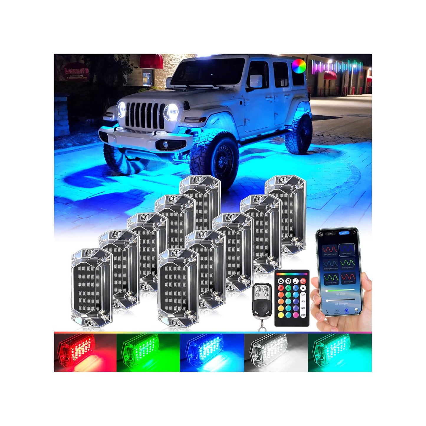 10Pods Full Angle RGB LED Rock Lights Full Kit for Jeep Truck ATV UTV SXS RZR Golf Cart Offroad Pickup,300Chip Waterproof Multic