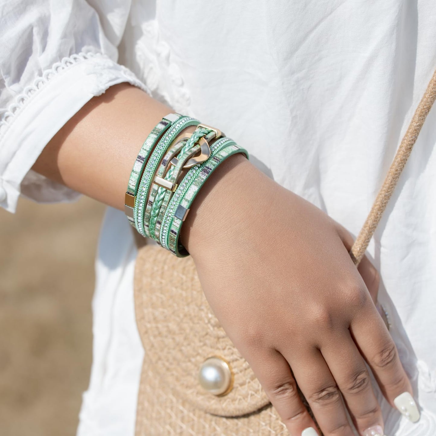 FANCY SHINY Boho Leather Wrap Bracelets Circle Square Bead Braided Handmade Stackable Bracelet Trendy Cuff Bangle for Women(Boho Green)