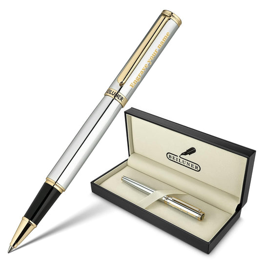 BEILUNER Silver Chrome Personalized Pen, Stunning Luxury with 24K Gold Finish,Noble and Elegant Designs,Schneider Ink Refill, Best Gift Pen for Men & Women, Graduation, Executive Office, Fancy Pens