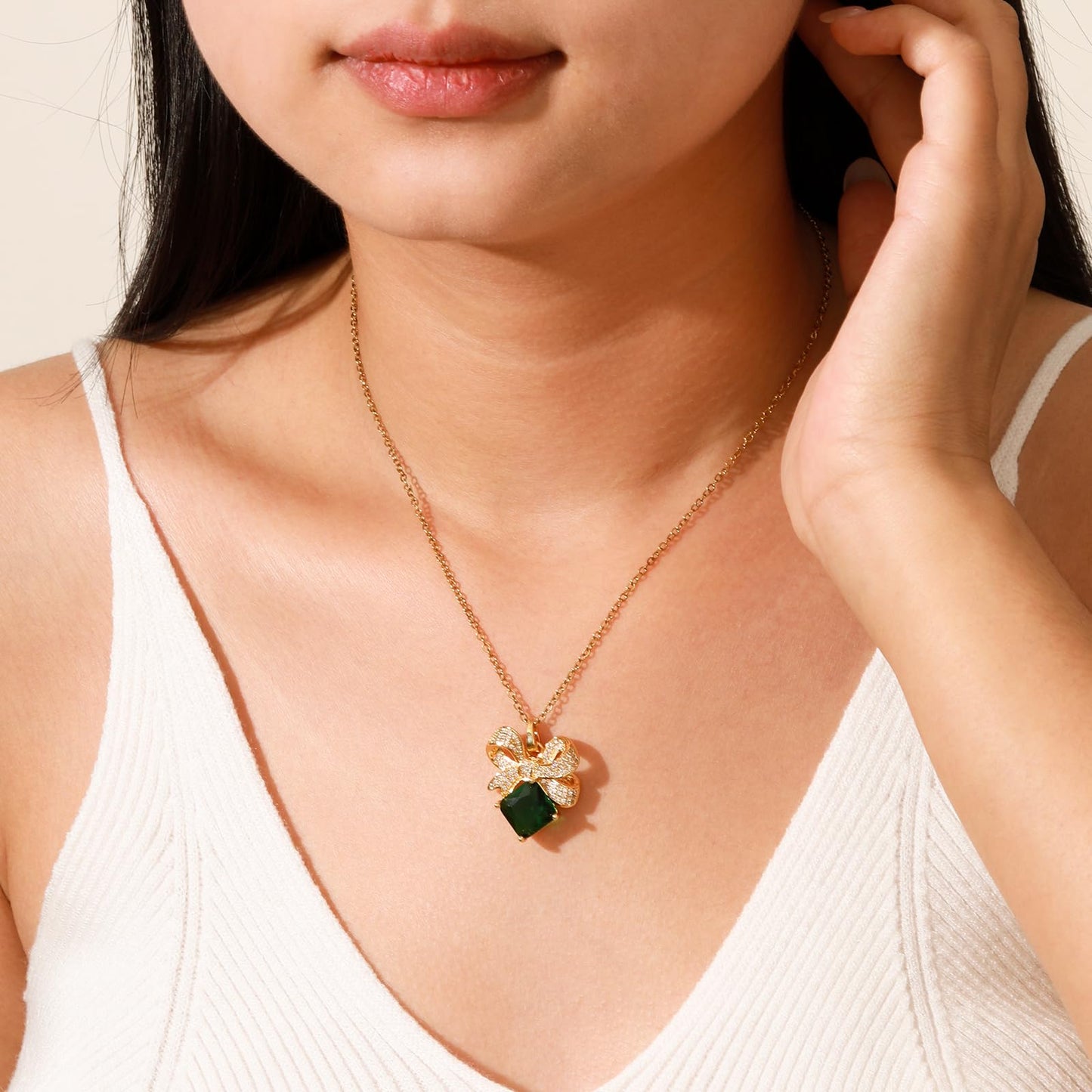 Emerald Square Bow Necklace for Women-Gold Plated May Birthstone Healing Crystal Vintage Necklace For Valentines Day Mother's Day Christmas Birthday Gifts