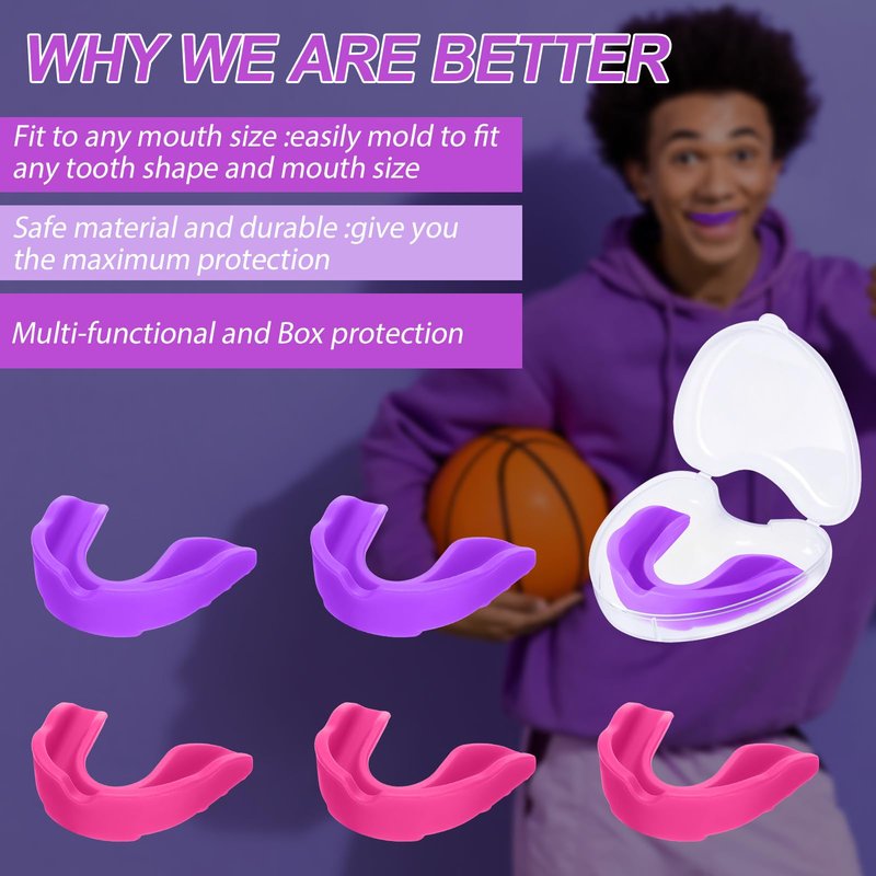 BBTO 6 Pack Kids Youth Mouth Guard for Football Sports, Purple Pink Boys Girls Sports Mouthguard with Case, Soft Mouth Guard for Hockey Boxing MMA Basketball, Ages 4+