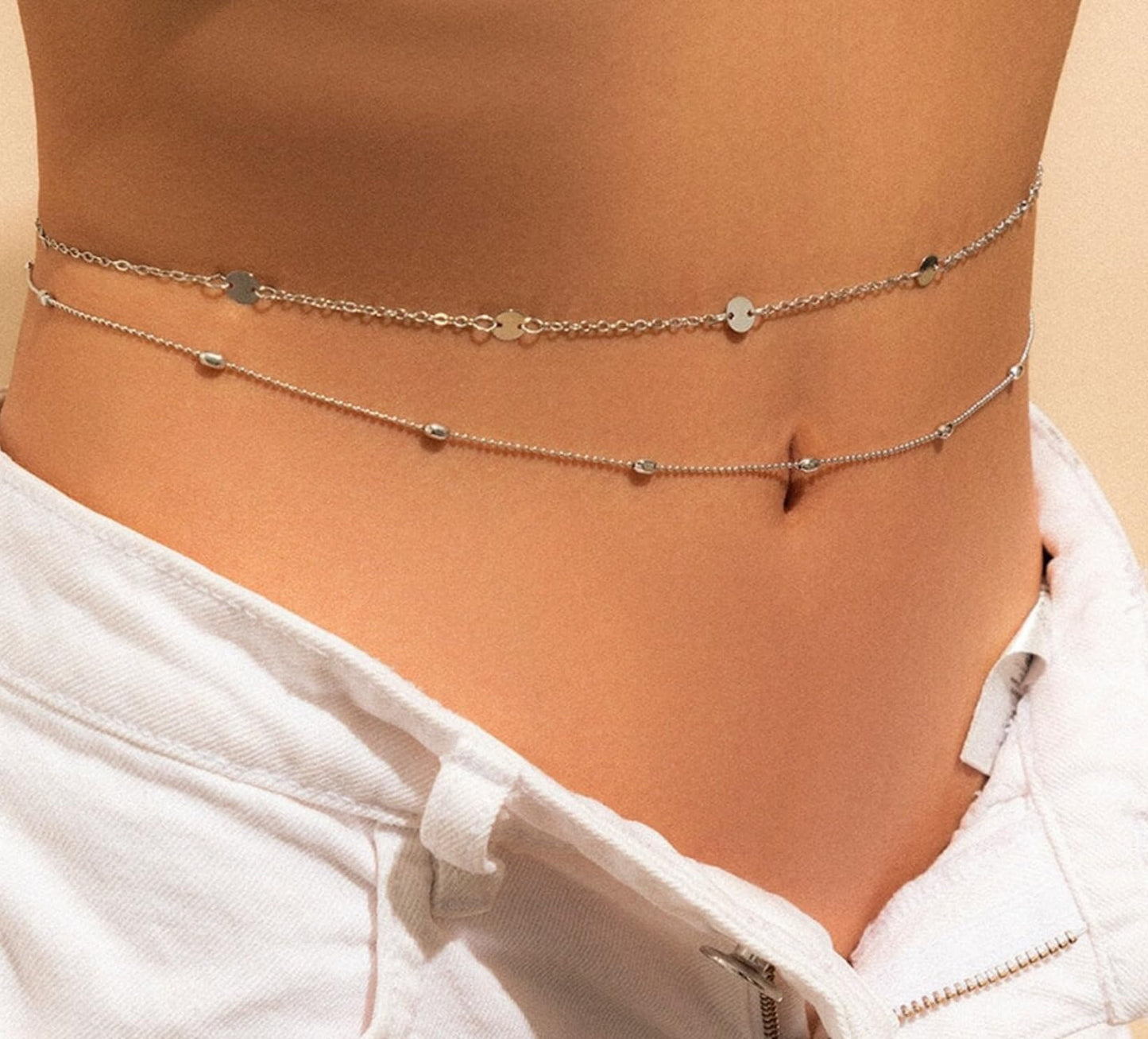 ASCOMY Waist Chains for Women 14K Plated 2Pcs Body Chains Silver Waist Chain Layered Coin Small Balls Belly Belt Body Chains Adjustable Bikini Body Jewelry Daily Chain Belts Gifts for Women