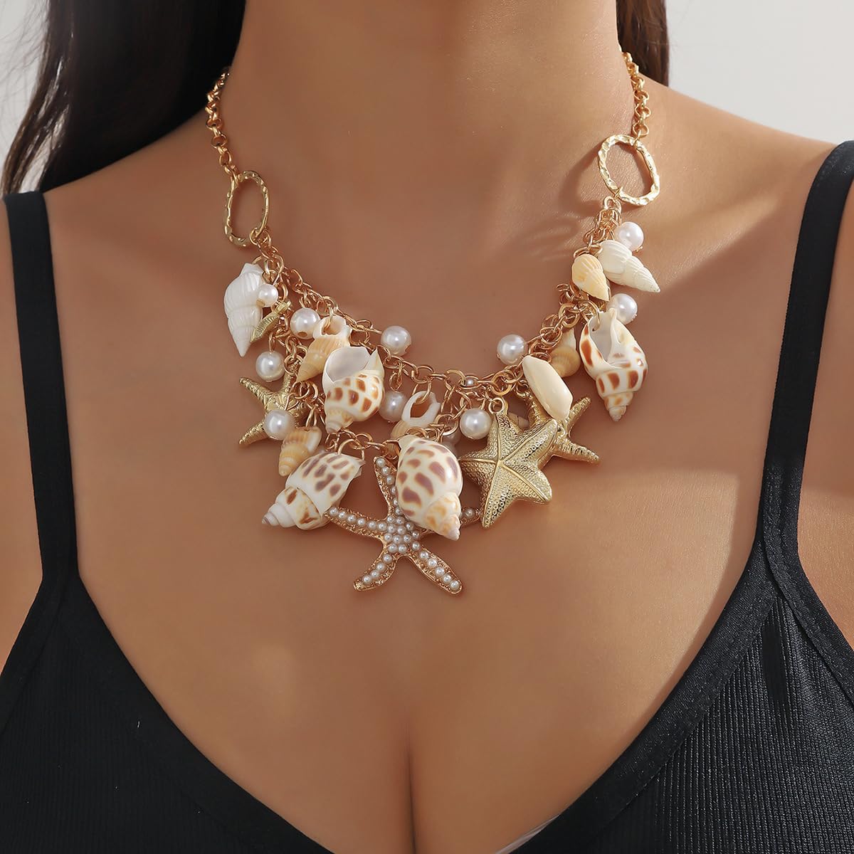 Shell Starfish Necklace for Women Conch Shell Starfish Pearl Necklace Seahorse Necklace Bohemian Chunky Choker Necklace Sea Shell Pearl Choker Collar Neck Mermaid Costume Jewelry Beach Jewelry (Gold)