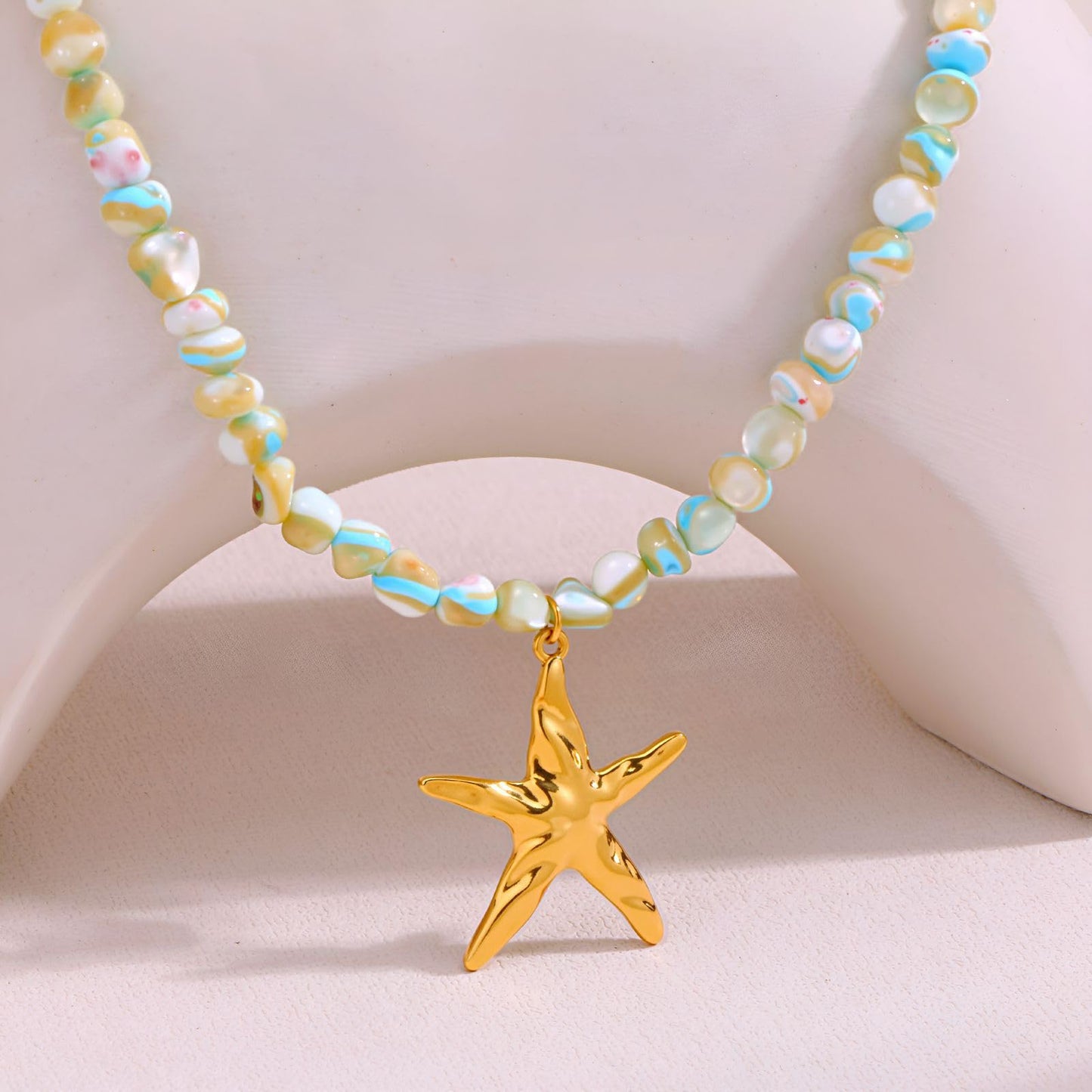 Zxcog Boho Shell Necklace for Women Gold Starfish Seashell Beaded Pendant Necklace Unique Pink Blue White Shell Necklaces Summer Trendy Beach Jewelry Gift (blue)