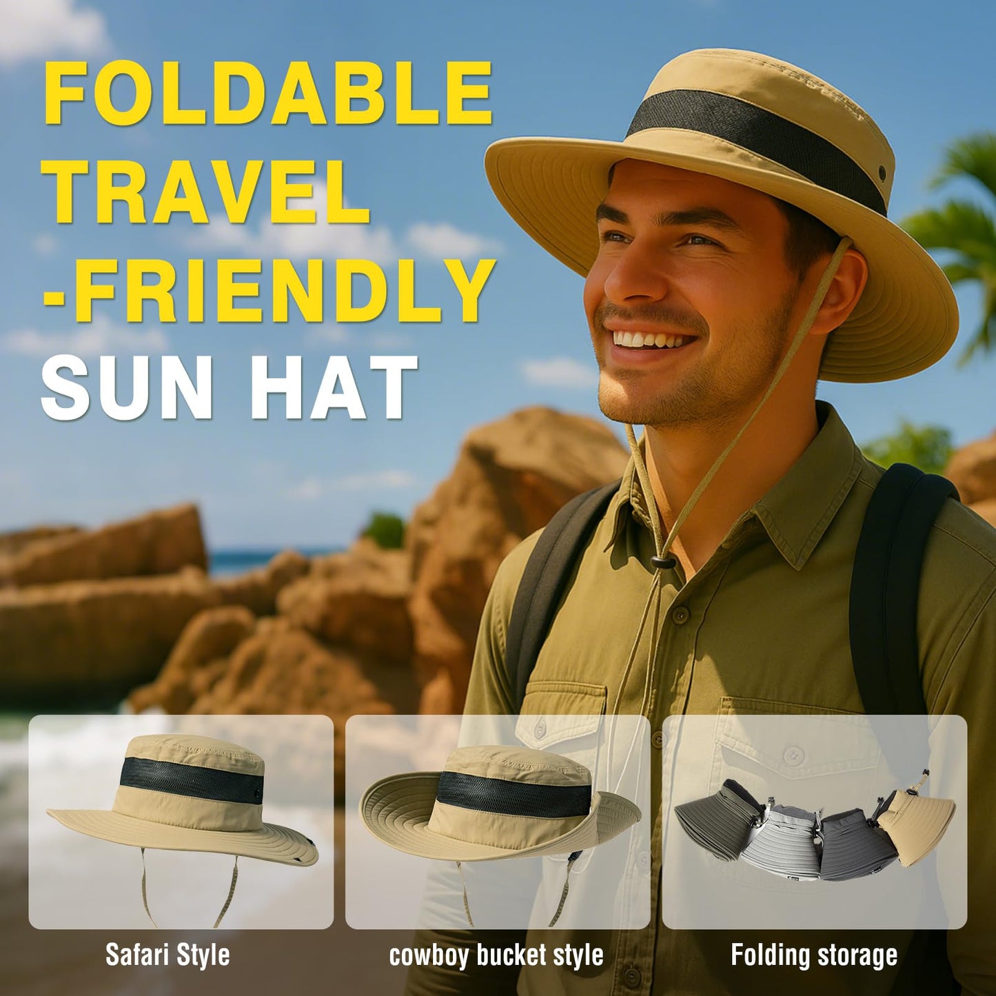 Summer Mesh Bucket Sun Hats for Men Big Head Wide Brim Boonie Safari Waterproof Beach UPF50+ Fishing Hiking Army Green Large X-Large L XL