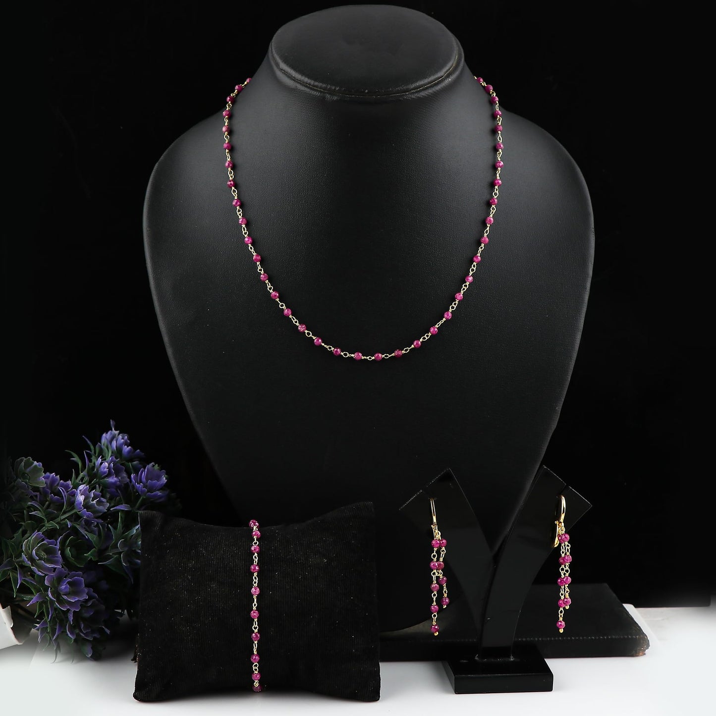 CRYSTALINES (3pcs) Natural Ruby Gemstone Cluster Jewelry Combo Set, 14K Gold Plated, Crystals Beads Rosary Chain, Handmade Bohemian Jewelry - Bracelets, Necklace, Earrings for Women